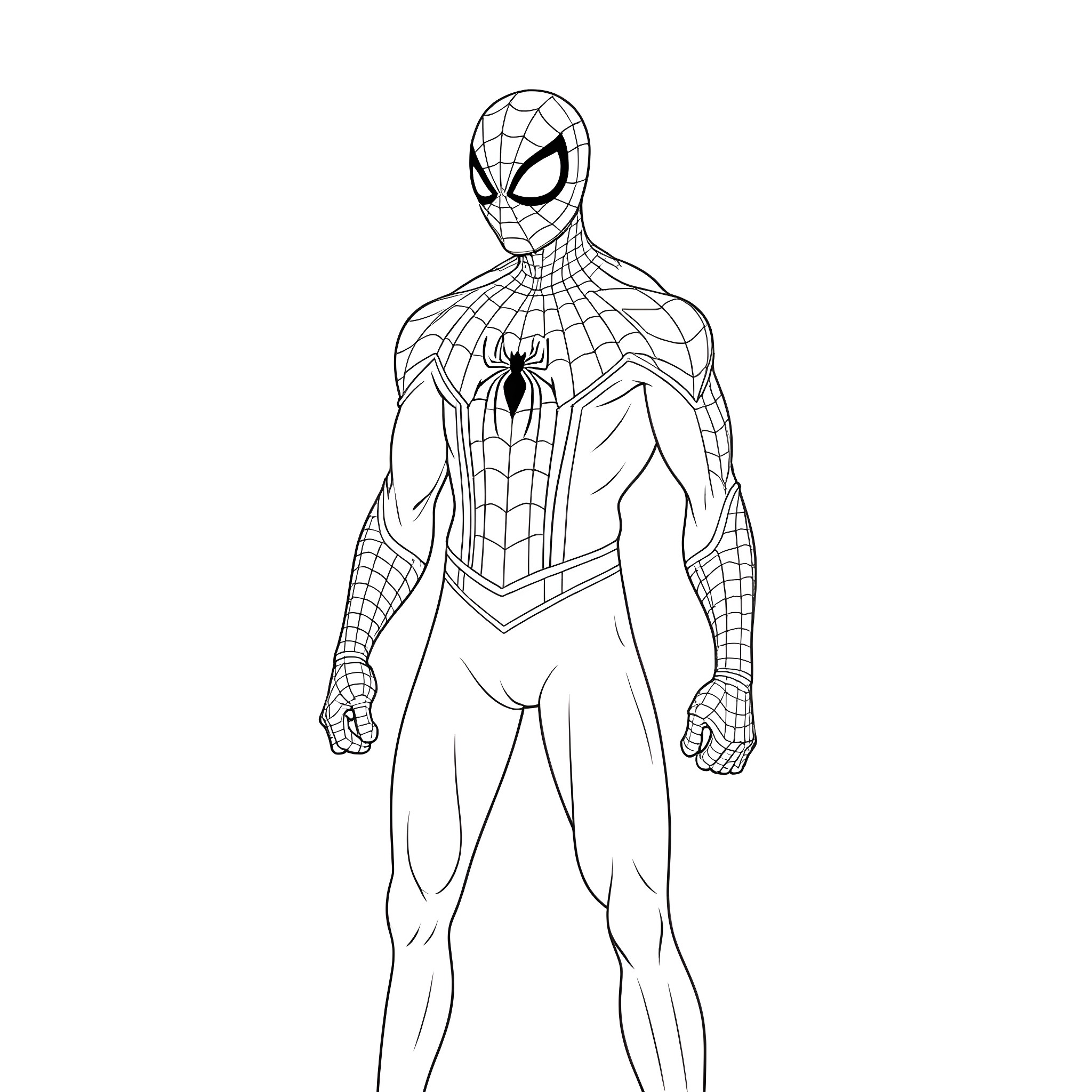 Spiderman in classic superhero pose Coloring Page (free black-and-white line drawing printable PDF for all, from beginners to advanced learners, including children, teens, adults, and seniors)