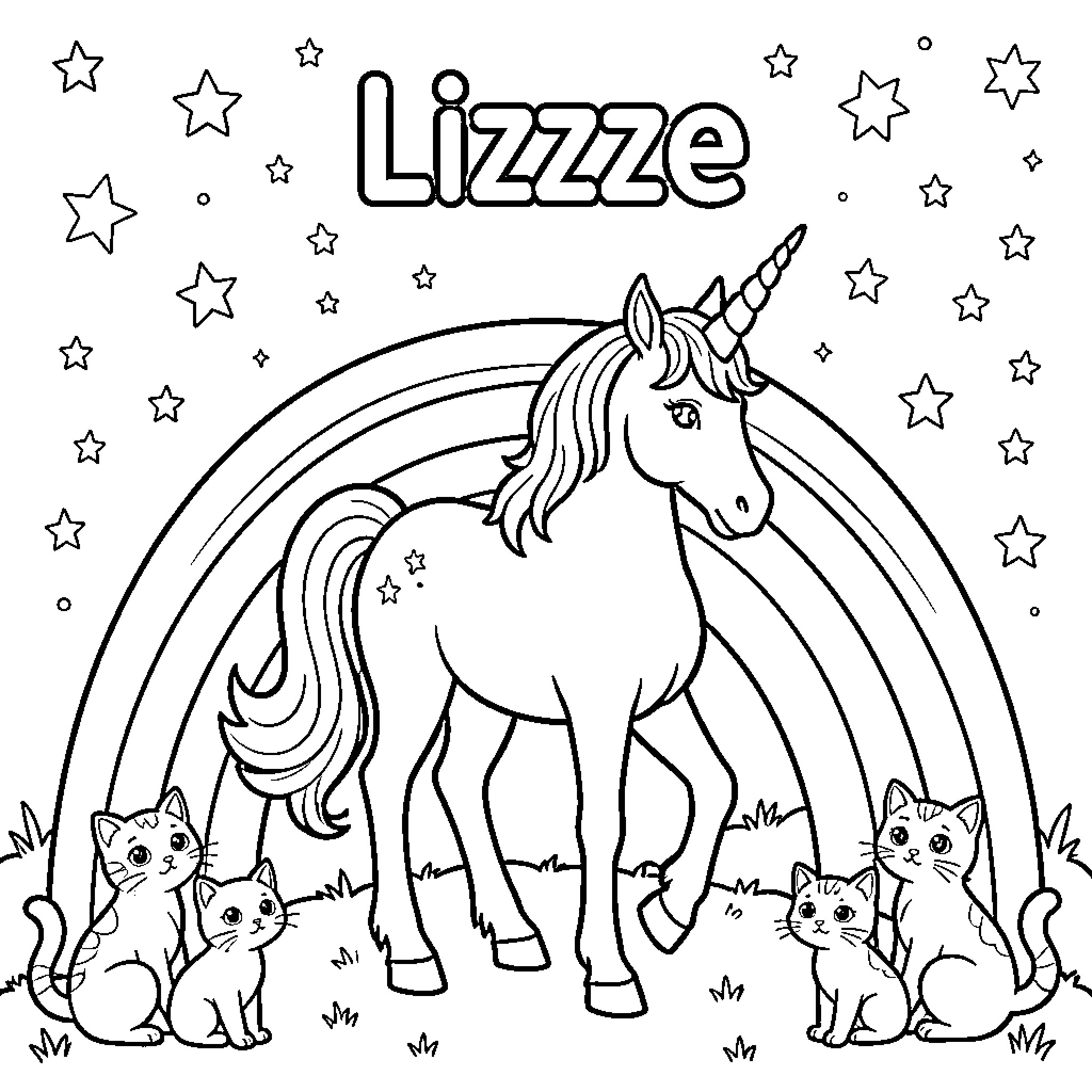 Unicorn standing gracefully with kittens under a rainbow Coloring Page (free black-and-white line drawing printable PDF for all, from beginners to advanced learners, including children, teens, adults, and seniors)