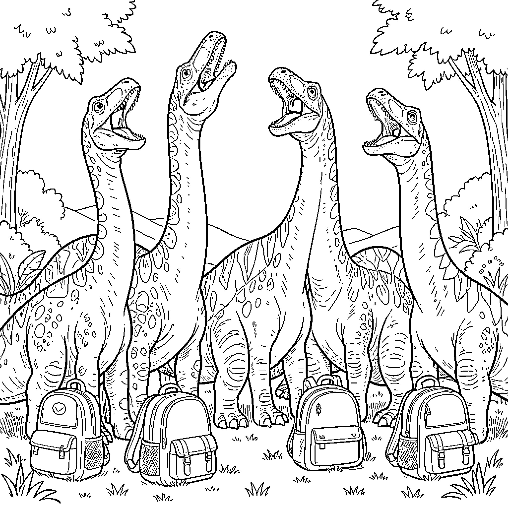 Dinosaur school field trip in the forest Coloring Page (free black-and-white line drawing printable PDF for all, from beginners to advanced learners, including children, teens, adults, and seniors)