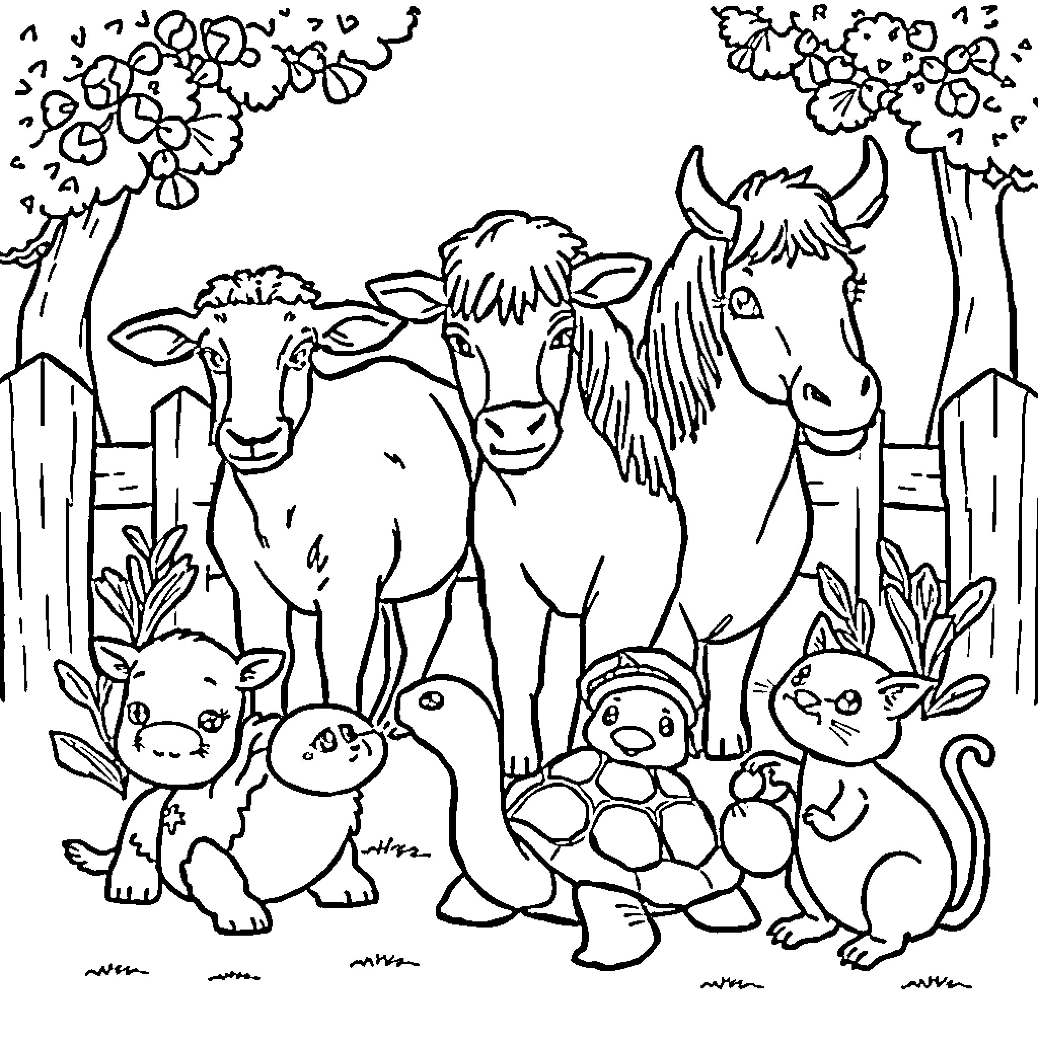 Animal Farm Scene with Diverse Creatures Coloring Page (free black-and-white line drawing printable PDF for all, from beginners to advanced learners, including children, teens, adults, and seniors)