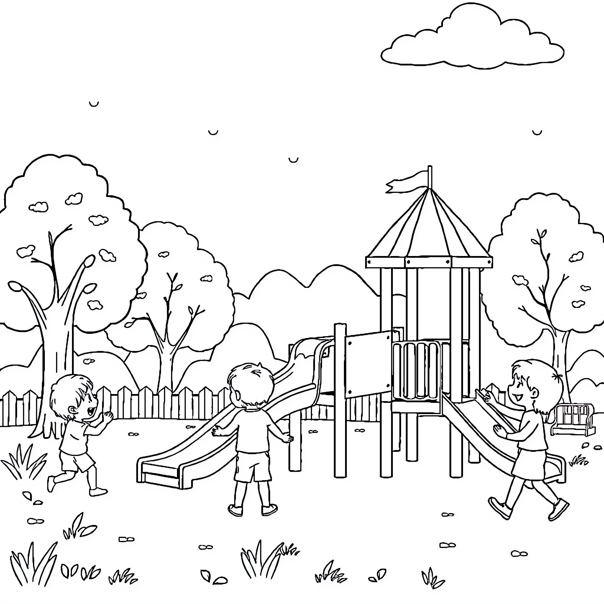 Little ones playing joyfully on playground equipment Coloring Page (free black-and-white line drawing printable PDF for all, from beginners to advanced learners, including children, teens, adults, and seniors)