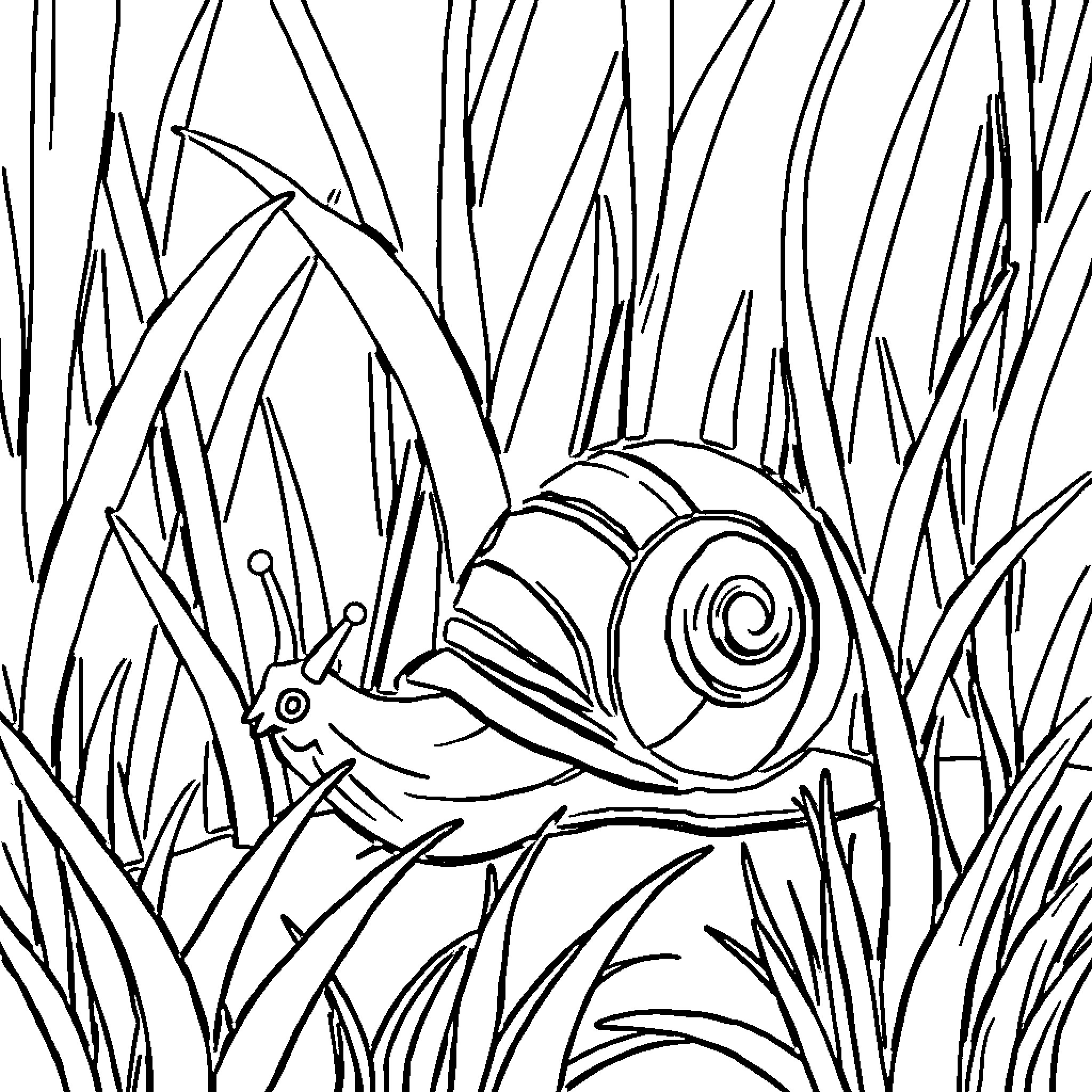 Escargot crawling through the grass Coloring Page (free black-and-white line drawing printable PDF for all, from beginners to advanced learners, including children, teens, adults, and seniors)