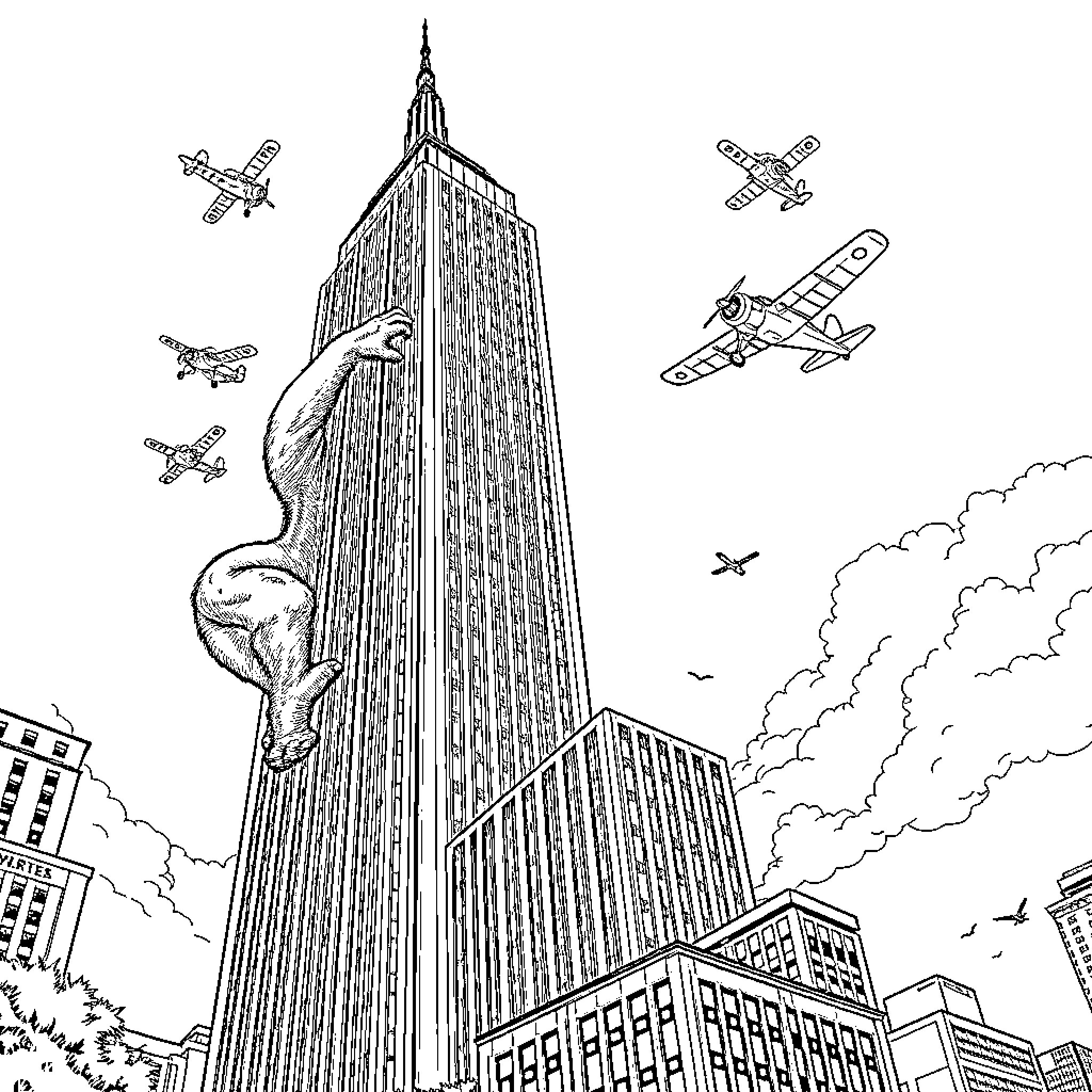King Kong scaling the iconic skyscraper with airplanes flying nearby Coloring Page (free black-and-white line drawing printable PDF for all, from beginners to advanced learners, including children, teens, adults, and seniors)