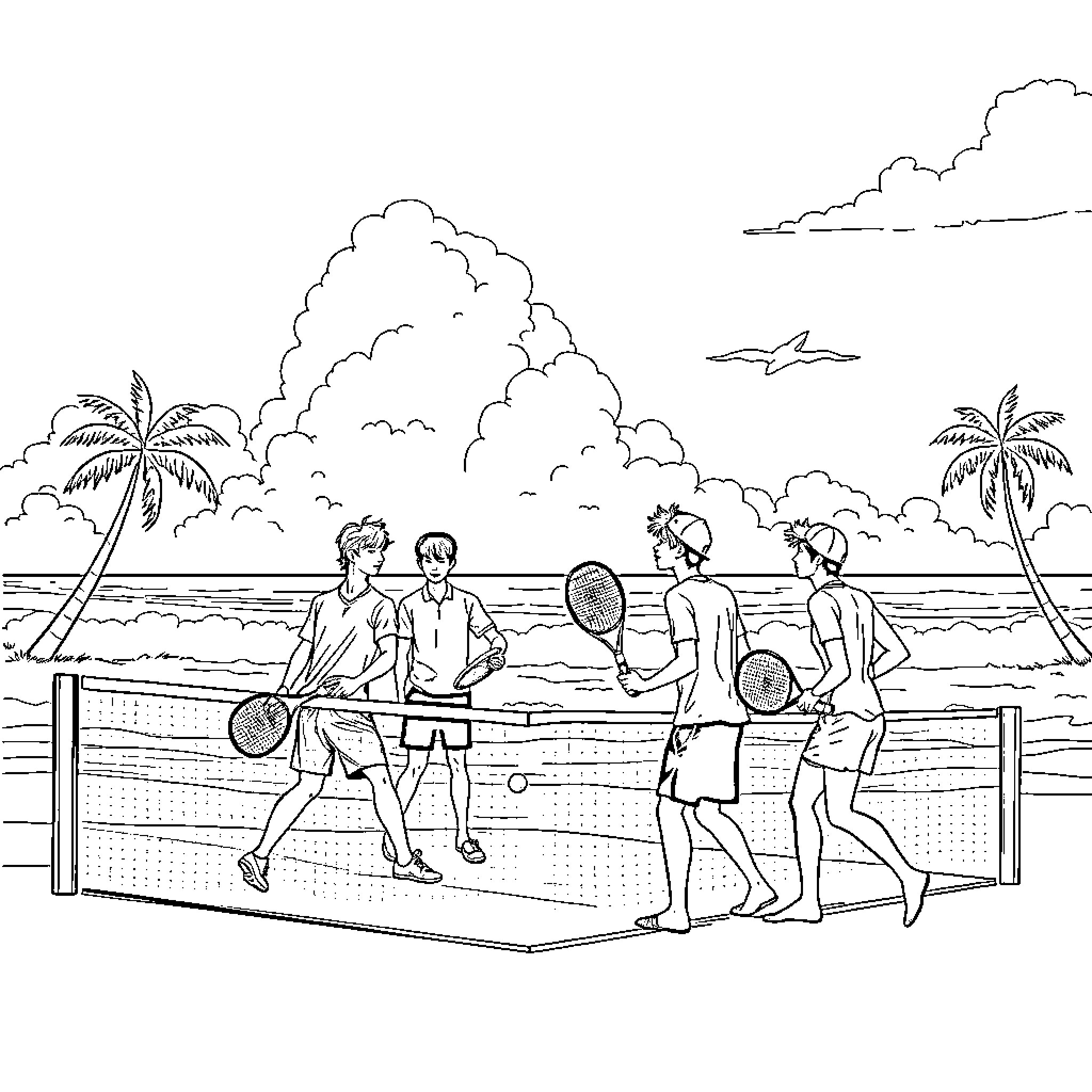 BTS playing beach volleyball on a sunny day Coloring Page (free black-and-white line drawing printable PDF for all, from beginners to advanced learners, including children, teens, adults, and seniors)
