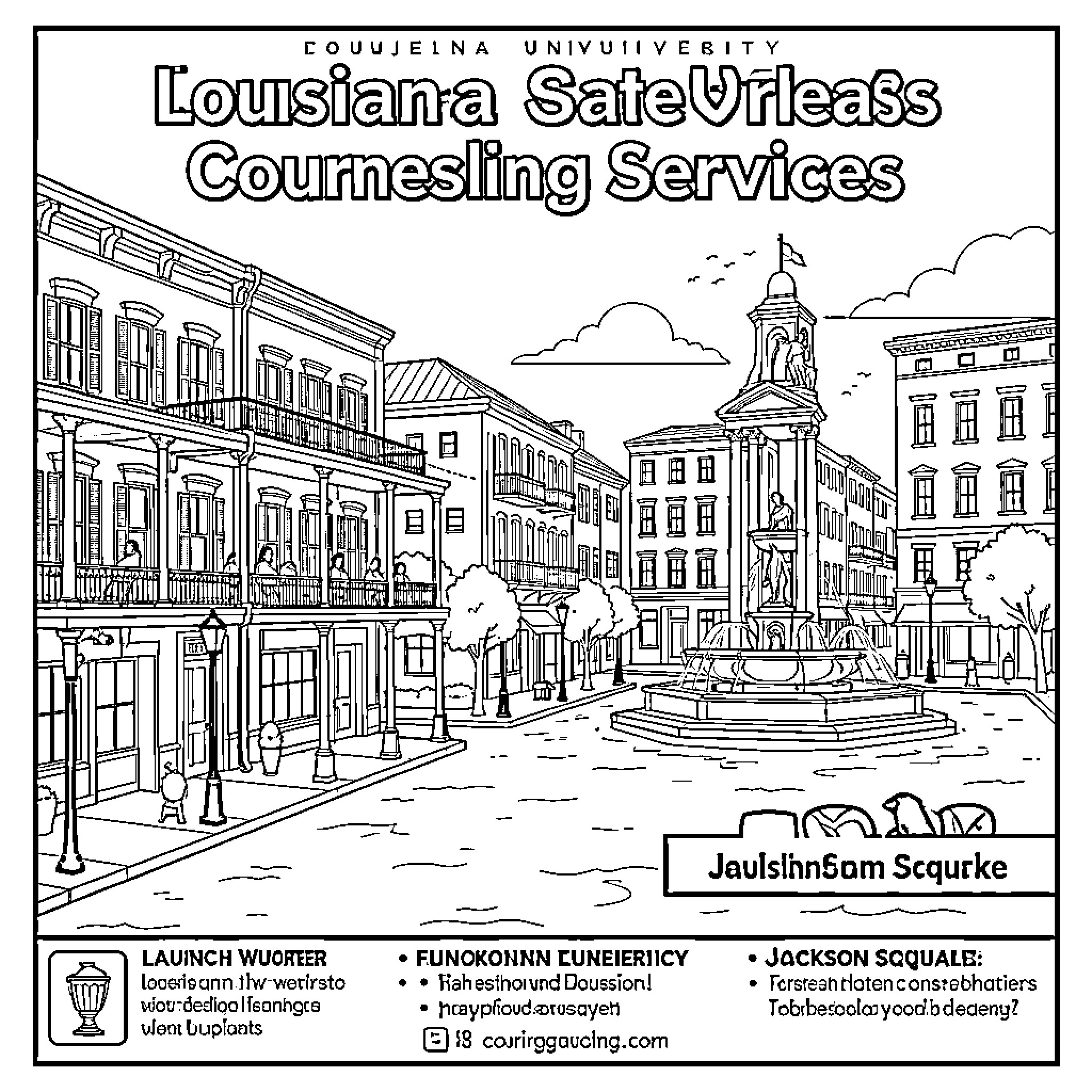 New Orleans cityscape with historic architecture and public square Coloring Page (free black-and-white line drawing printable PDF for all, from beginners to advanced learners, including children, teens, adults, and seniors)