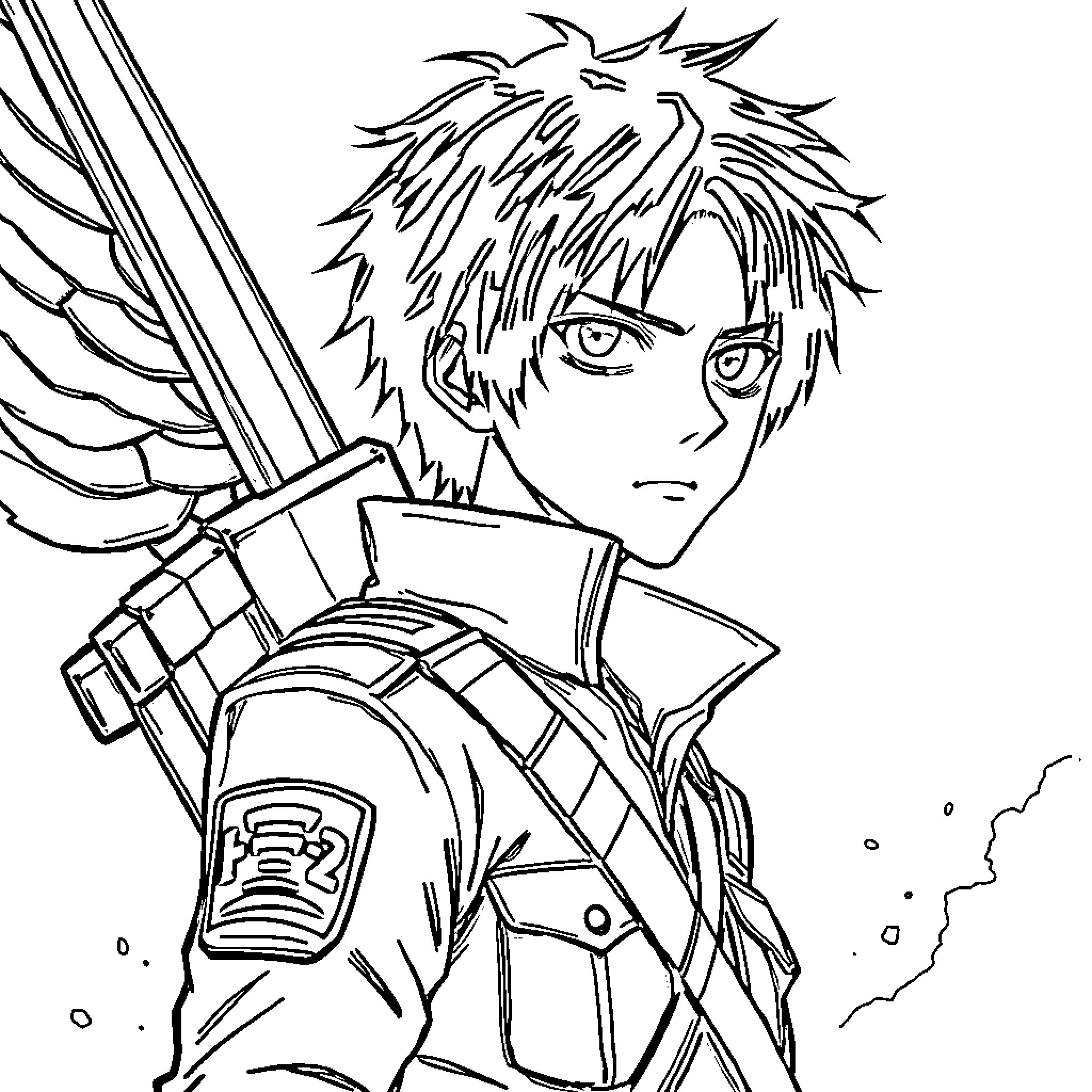 Eren Yeager wielding blades in a determined stance Coloring Page (free black-and-white line drawing printable PDF for all, from beginners to advanced learners, including children, teens, adults, and seniors)