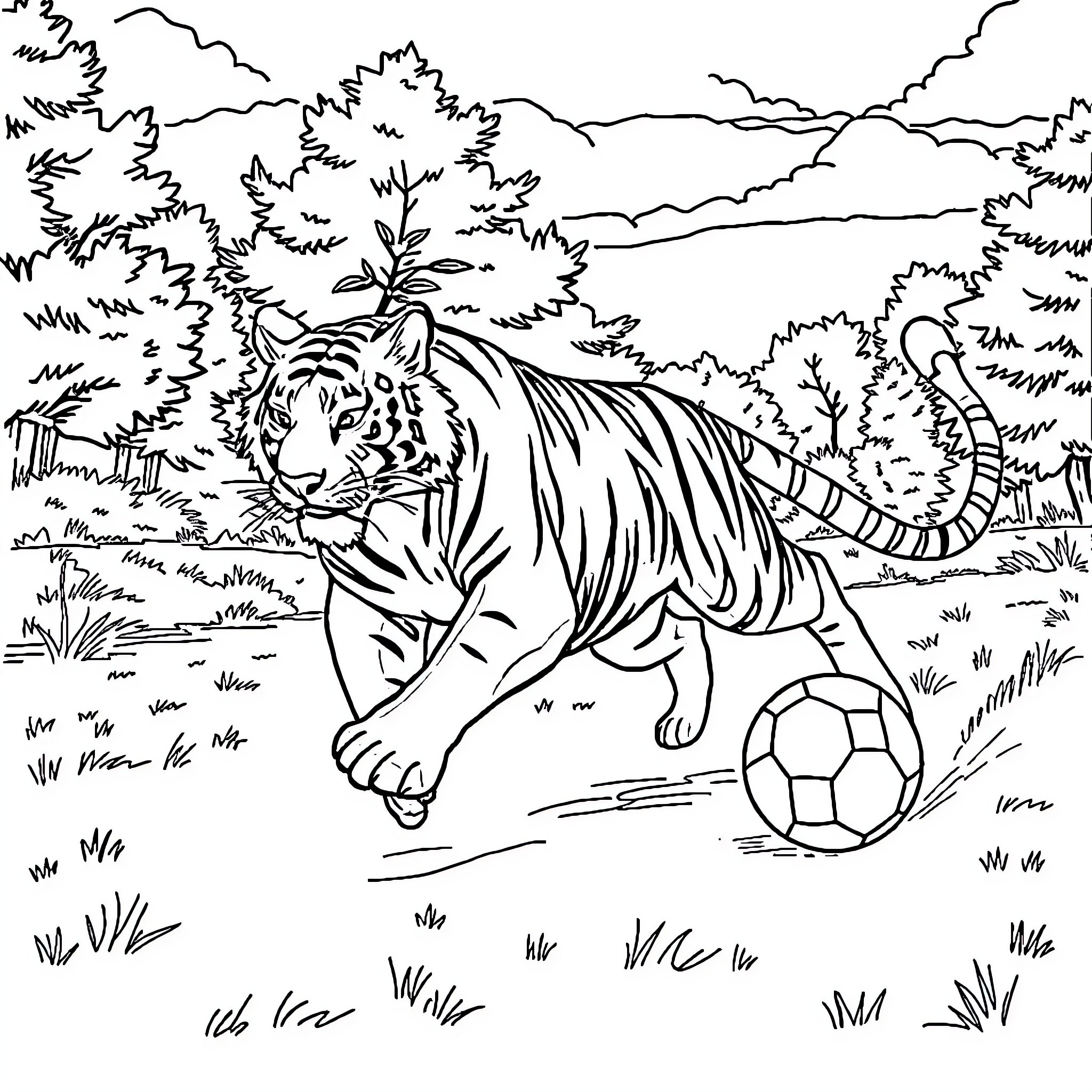 Tiger playing with soccer ball in nature Coloring Page (free black-and-white line drawing printable PDF for all, from beginners to advanced learners, including children, teens, adults, and seniors)