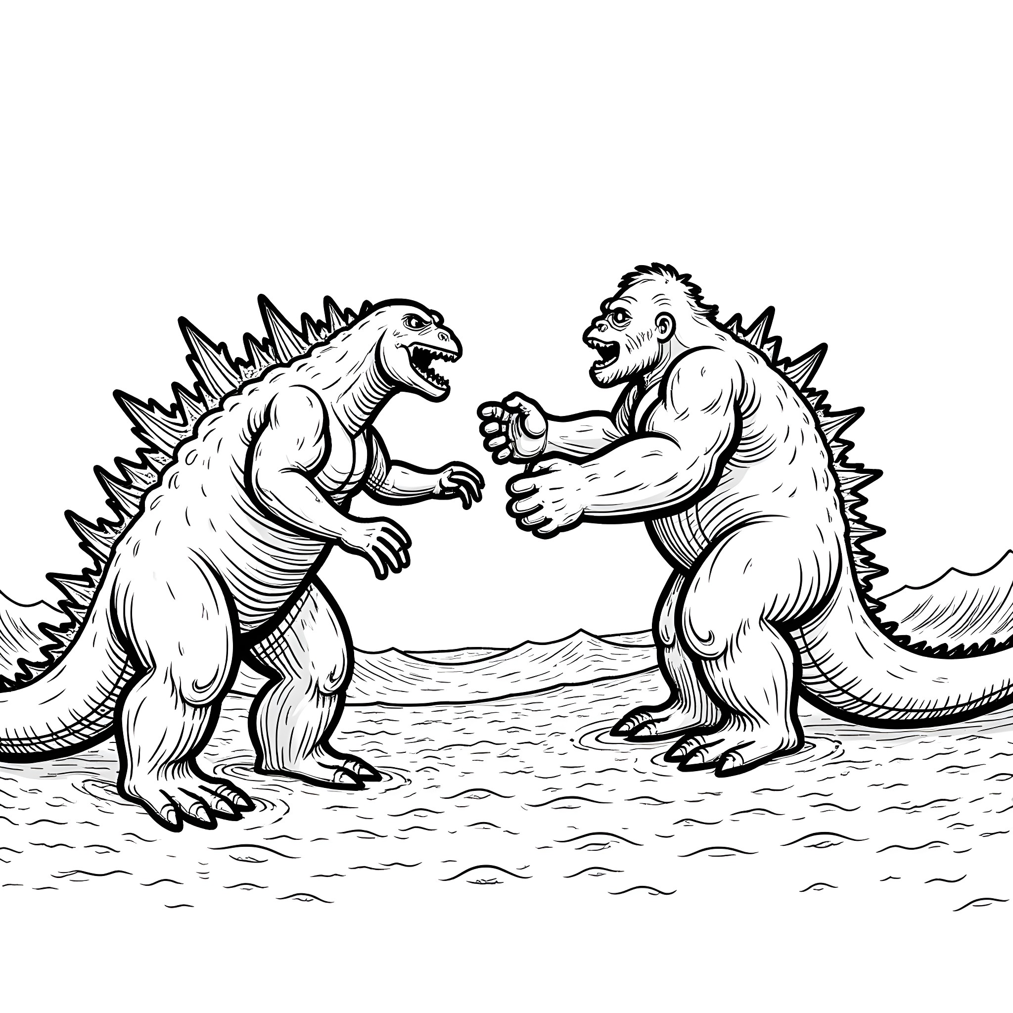 Godzilla engaging in epic battle with giant monster Coloring Page (free black-and-white line drawing printable PDF for all, from beginners to advanced learners, including children, teens, adults, and seniors)