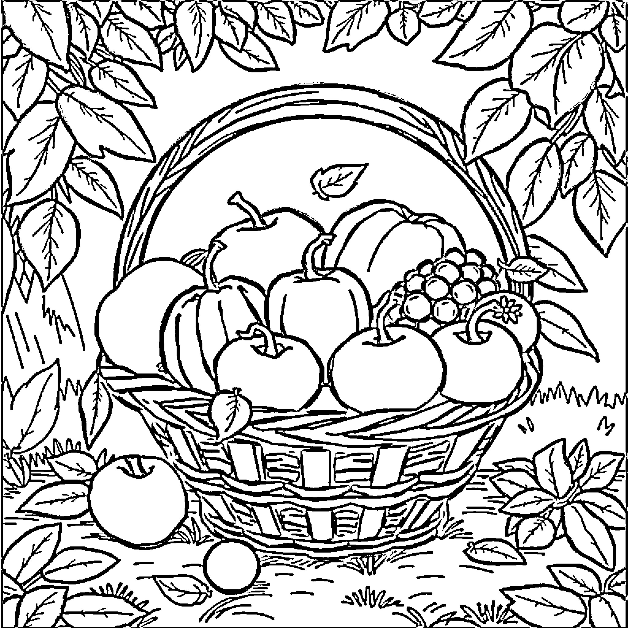 Fruit Basket in Autumn Leaves Coloring Page (free black-and-white line drawing printable PDF for all, from beginners to advanced learners, including children, teens, adults, and seniors)