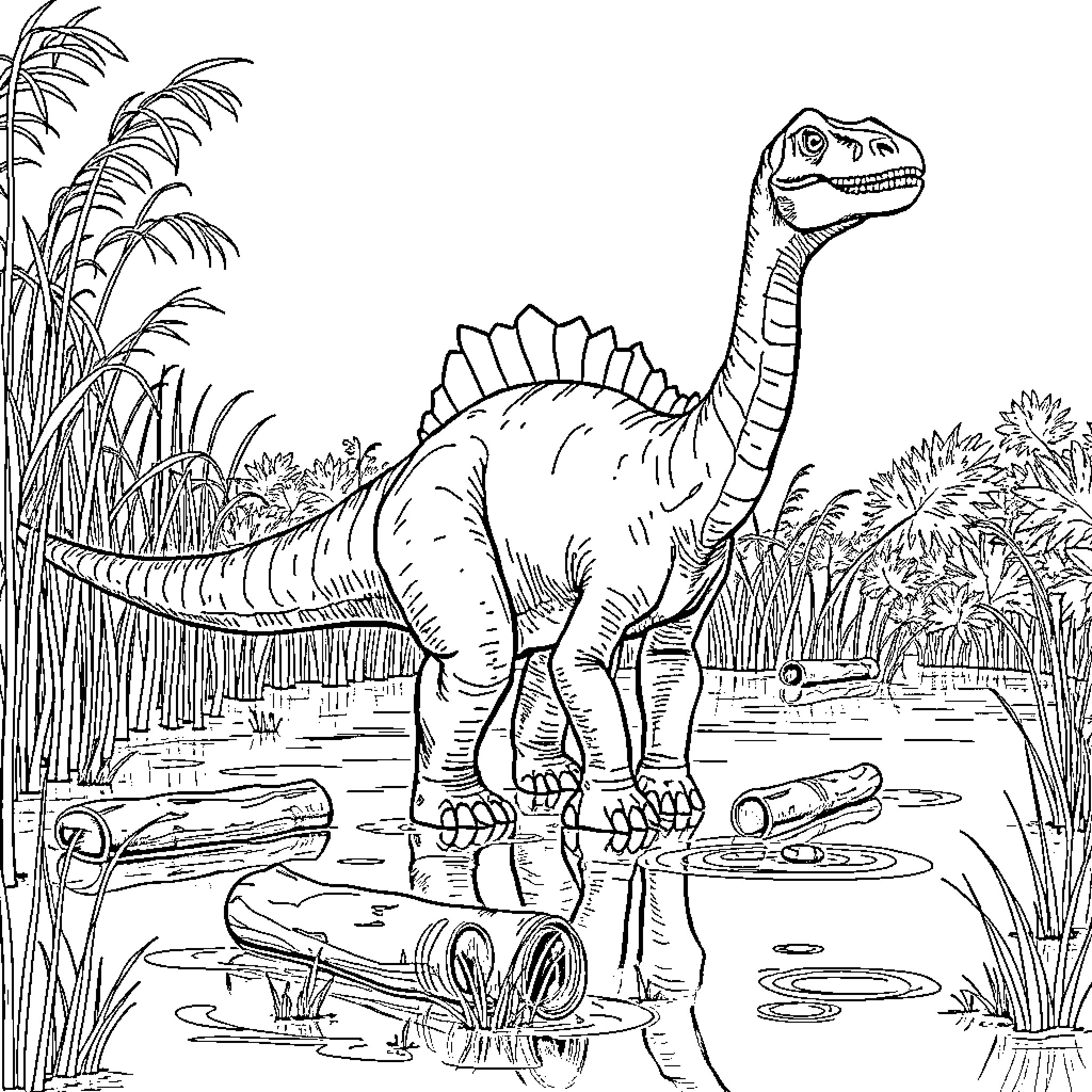 Spinosaurus exploring the prehistoric landscape Coloring Page (free black-and-white line drawing printable PDF for all, from beginners to advanced learners, including children, teens, adults, and seniors)