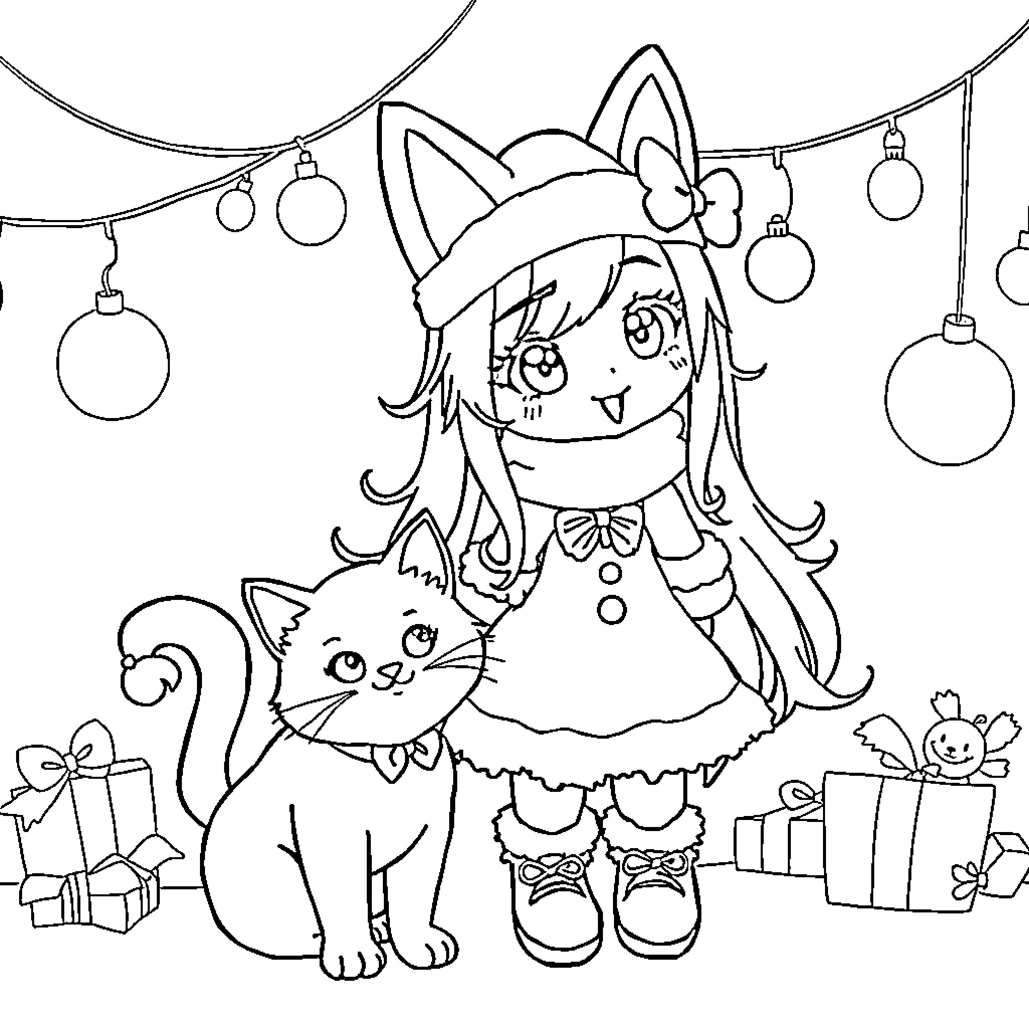 Cat girl and her feline friend celebrate Christmas Coloring Page (free black-and-white line drawing printable PDF for all, from beginners to advanced learners, including children, teens, adults, and seniors)