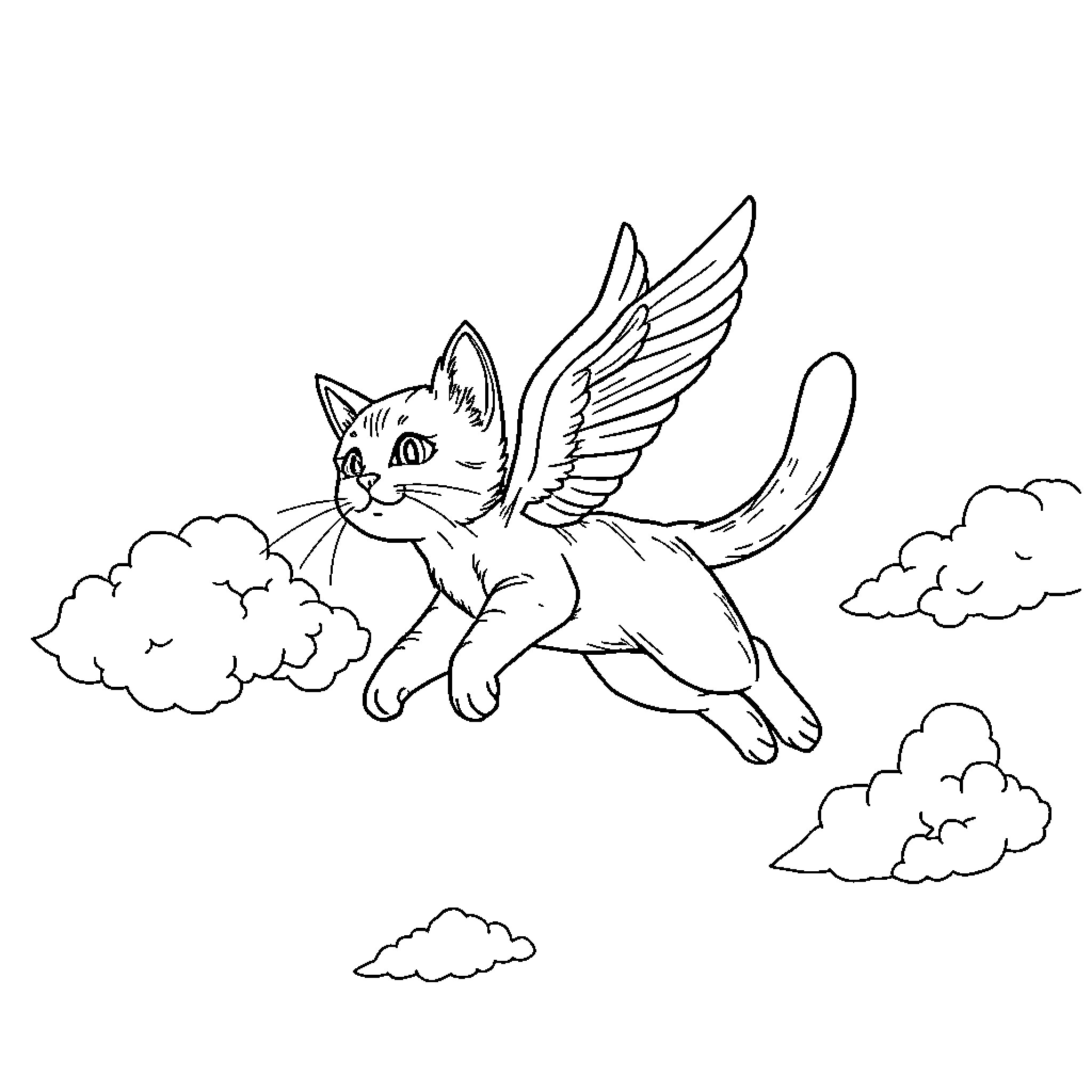Cat with wings flying among clouds Coloring Page (free black-and-white line drawing printable PDF for all, from beginners to advanced learners, including children, teens, adults, and seniors)