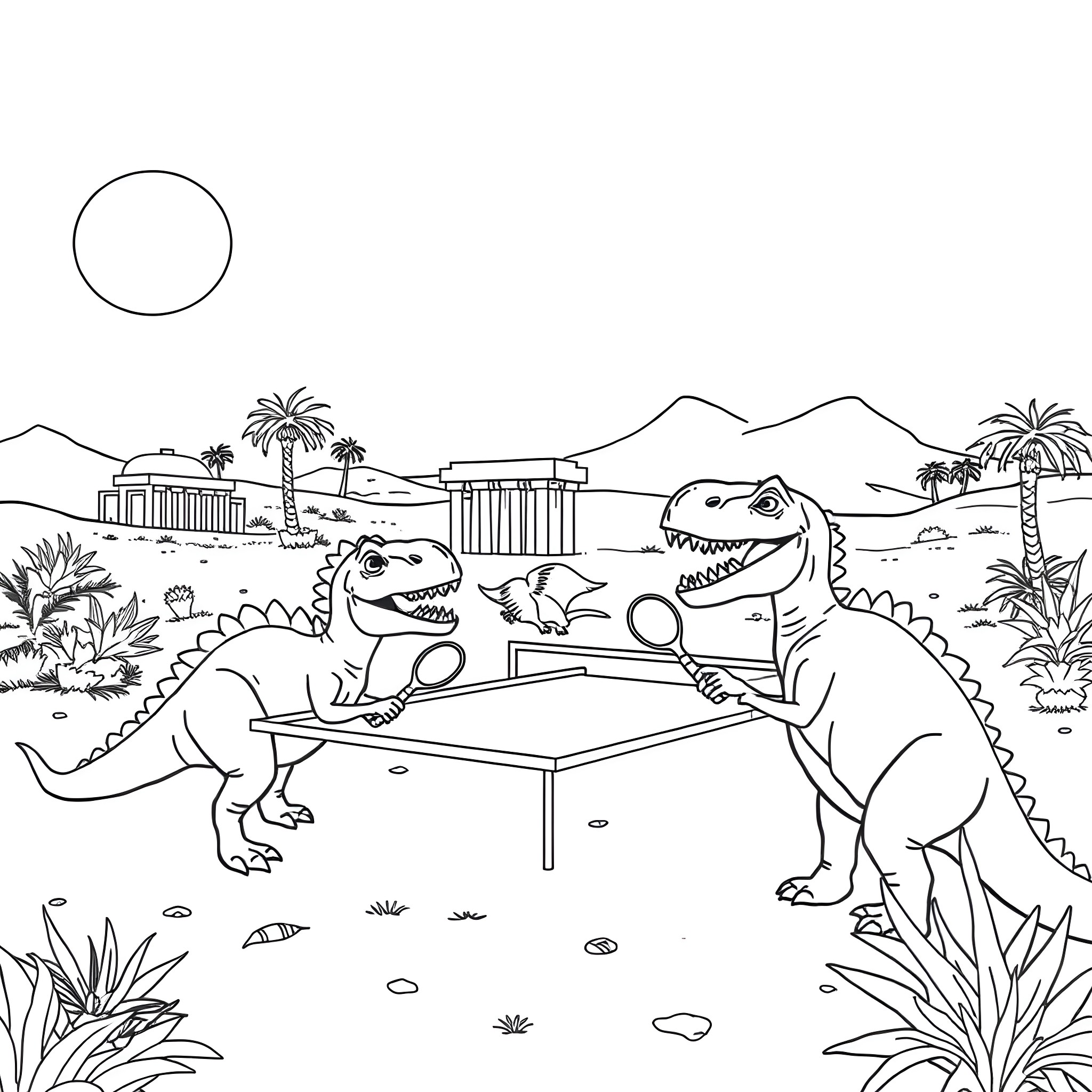 Dinosaurs playing table tennis in prehistoric landscape Coloring Page (free black-and-white line drawing printable PDF for all, from beginners to advanced learners, including children, teens, adults, and seniors)