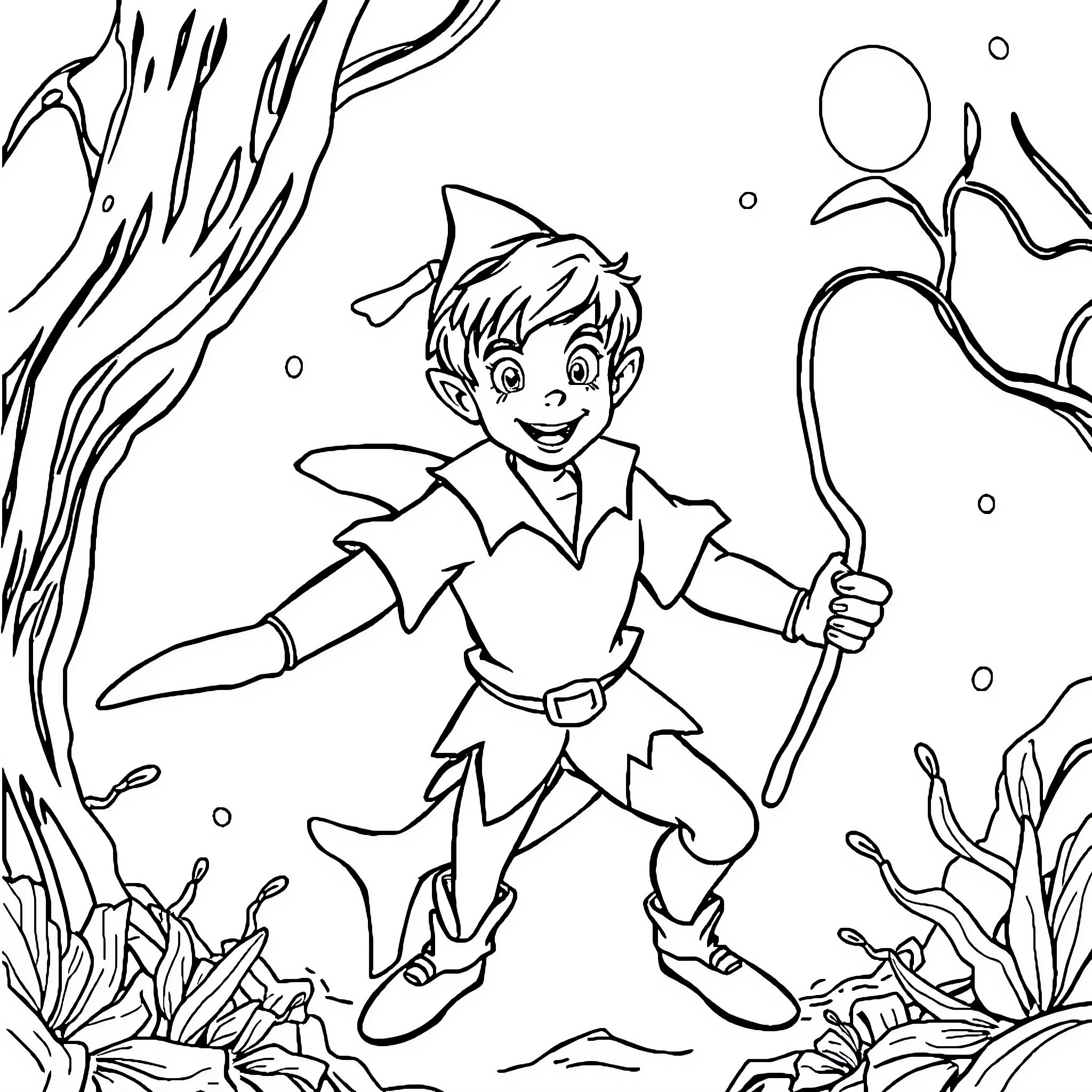 Peter Pan exploring the enchanted forest Coloring Page (free black-and-white line drawing printable PDF for all, from beginners to advanced learners, including children, teens, adults, and seniors)
