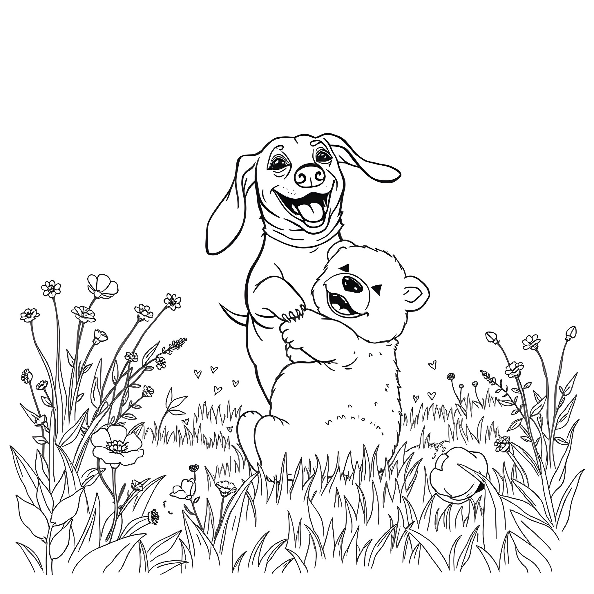 Dachshund playing with a teddy bear in the meadow Coloring Page (free black-and-white line drawing printable PDF for all, from beginners to advanced learners, including children, teens, adults, and seniors)