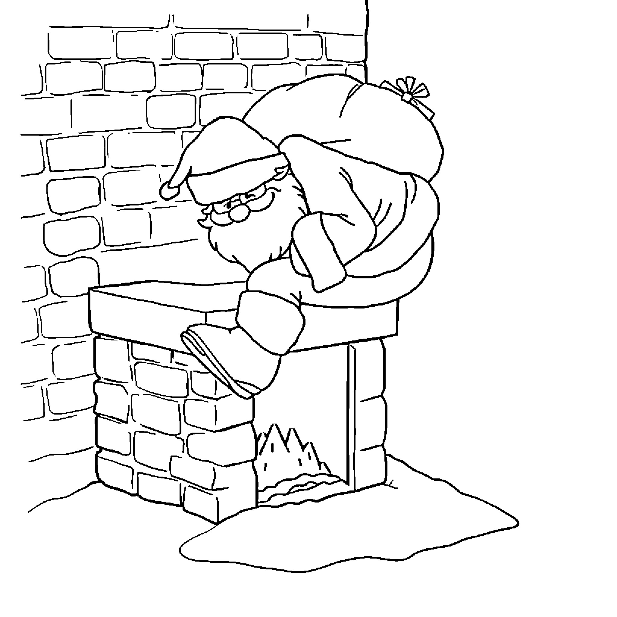 Santa Claus preparing presents by the fireplace Coloring Page (free black-and-white line drawing printable PDF for all, from beginners to advanced learners, including children, teens, adults, and seniors)