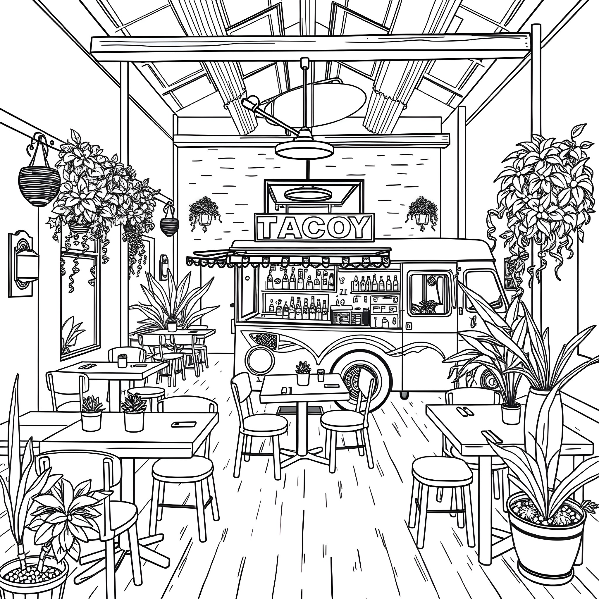 Taco Truck parked in cozy outdoor seating area Coloring Page (free black-and-white line drawing printable PDF for all, from beginners to advanced learners, including children, teens, adults, and seniors)