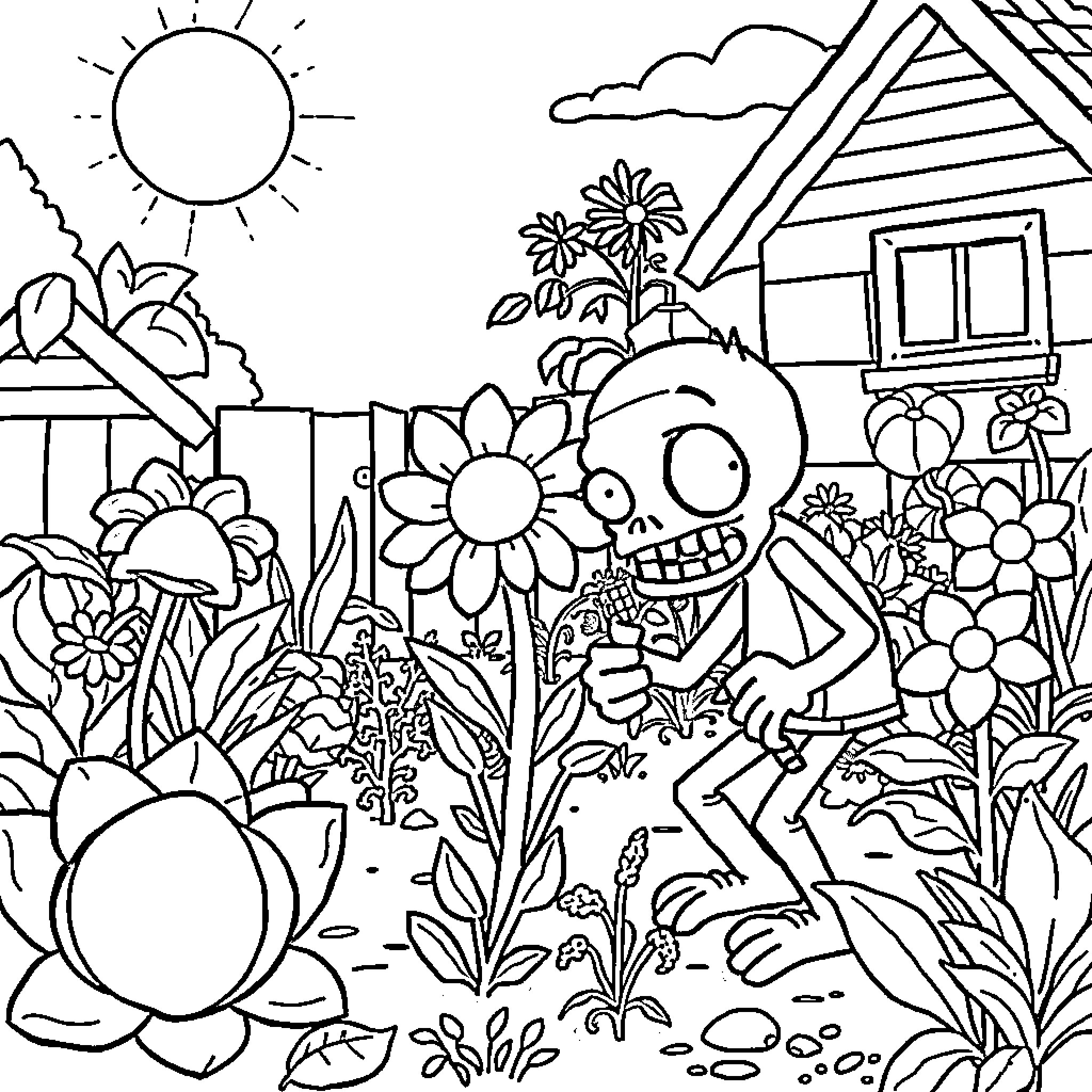 Plants vs. Zombies: Zombie in the Garden Coloring Page (free black-and-white line drawing printable PDF for all, from beginners to advanced learners, including children, teens, adults, and seniors)