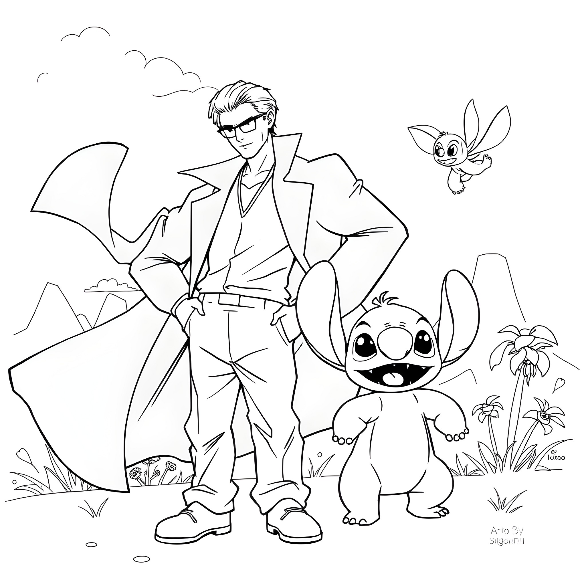Neo and the Curious Creatures in the Lush Landscape Coloring Page (free black-and-white line drawing printable PDF for all, from beginners to advanced learners, including children, teens, adults, and seniors)