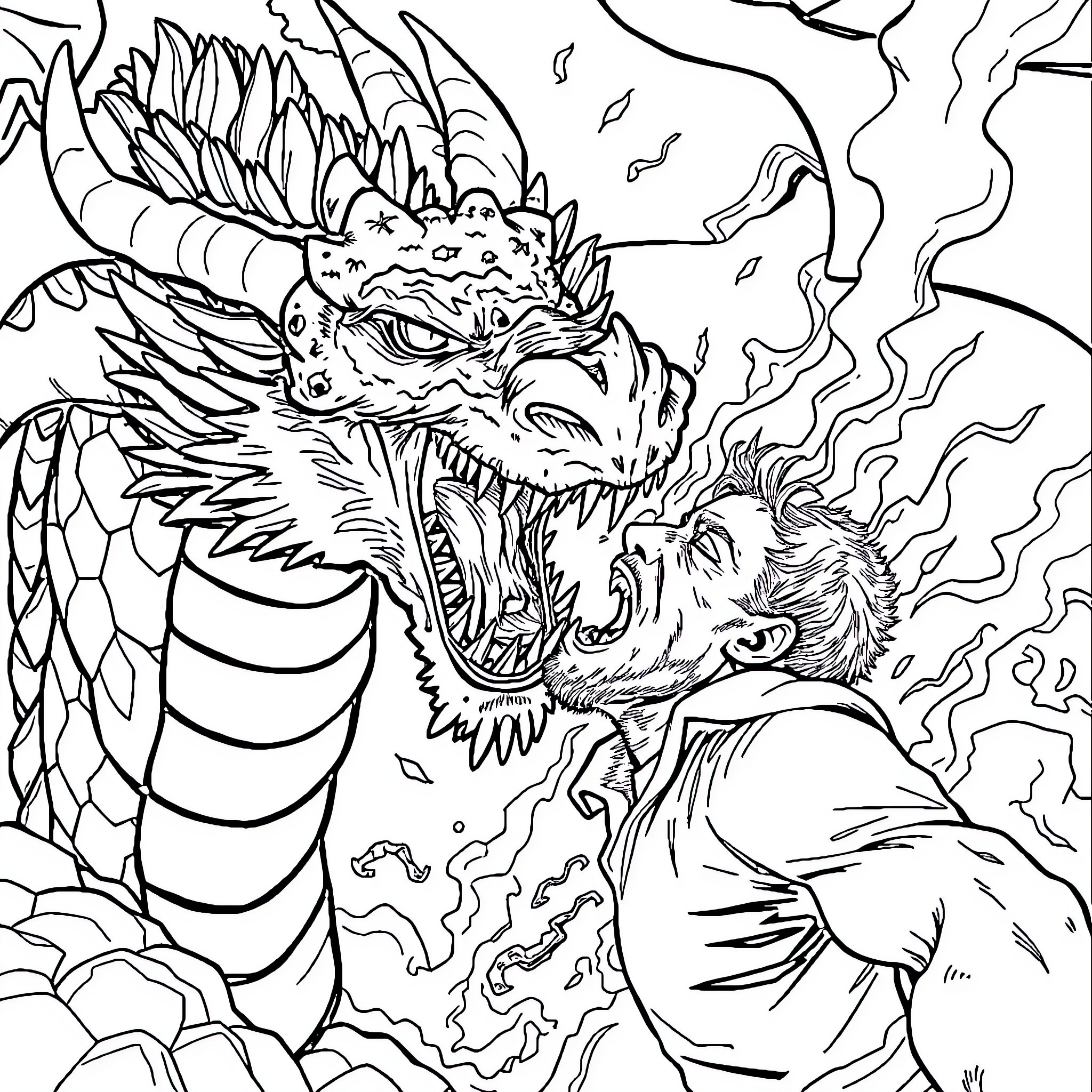 Dragon Unleashing Powerful Flames Coloring Page (free black-and-white line drawing printable PDF for all, from beginners to advanced learners, including children, teens, adults, and seniors)