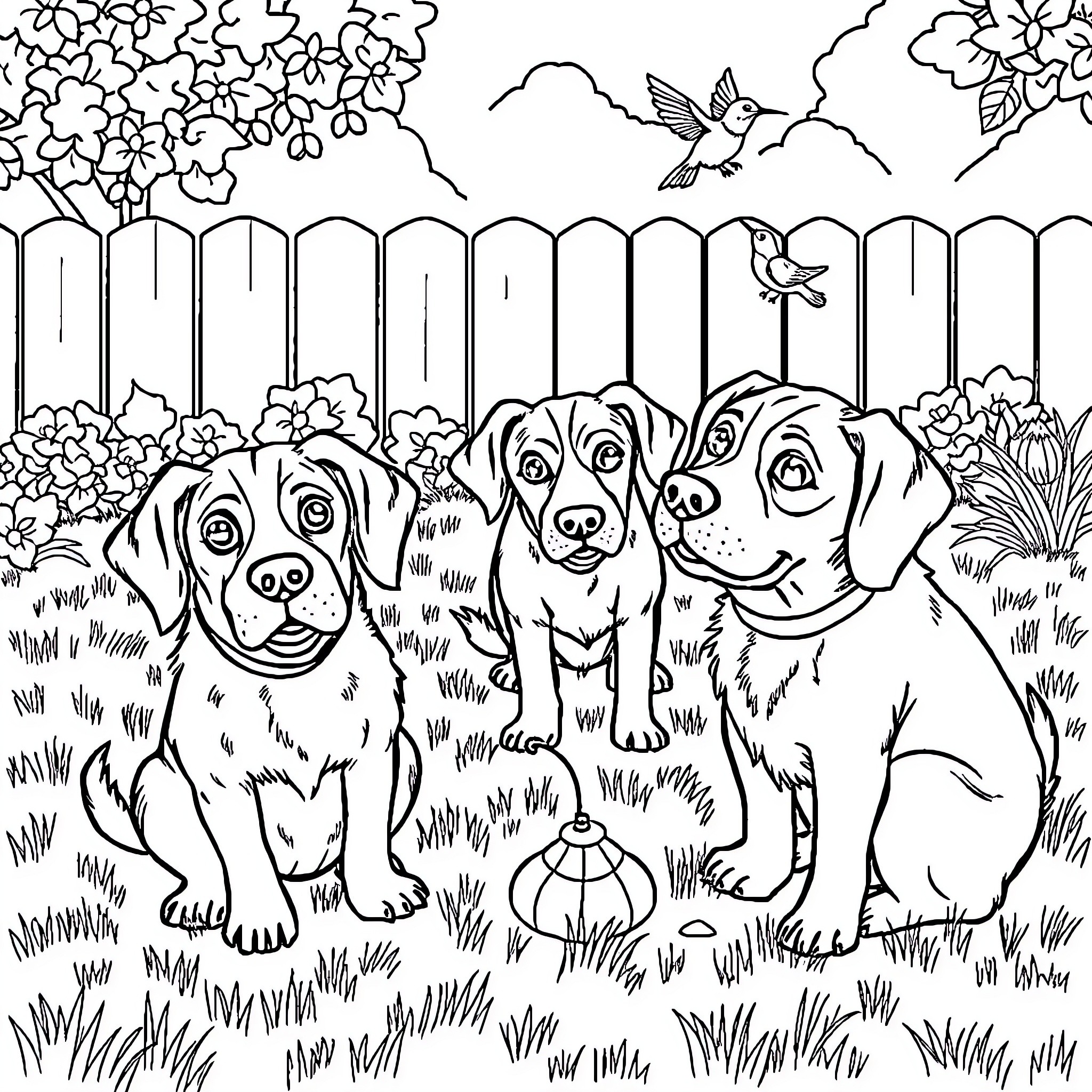 Dog trio in playful backyard scene Coloring Page (free black-and-white line drawing printable PDF for all, from beginners to advanced learners, including children, teens, adults, and seniors)
