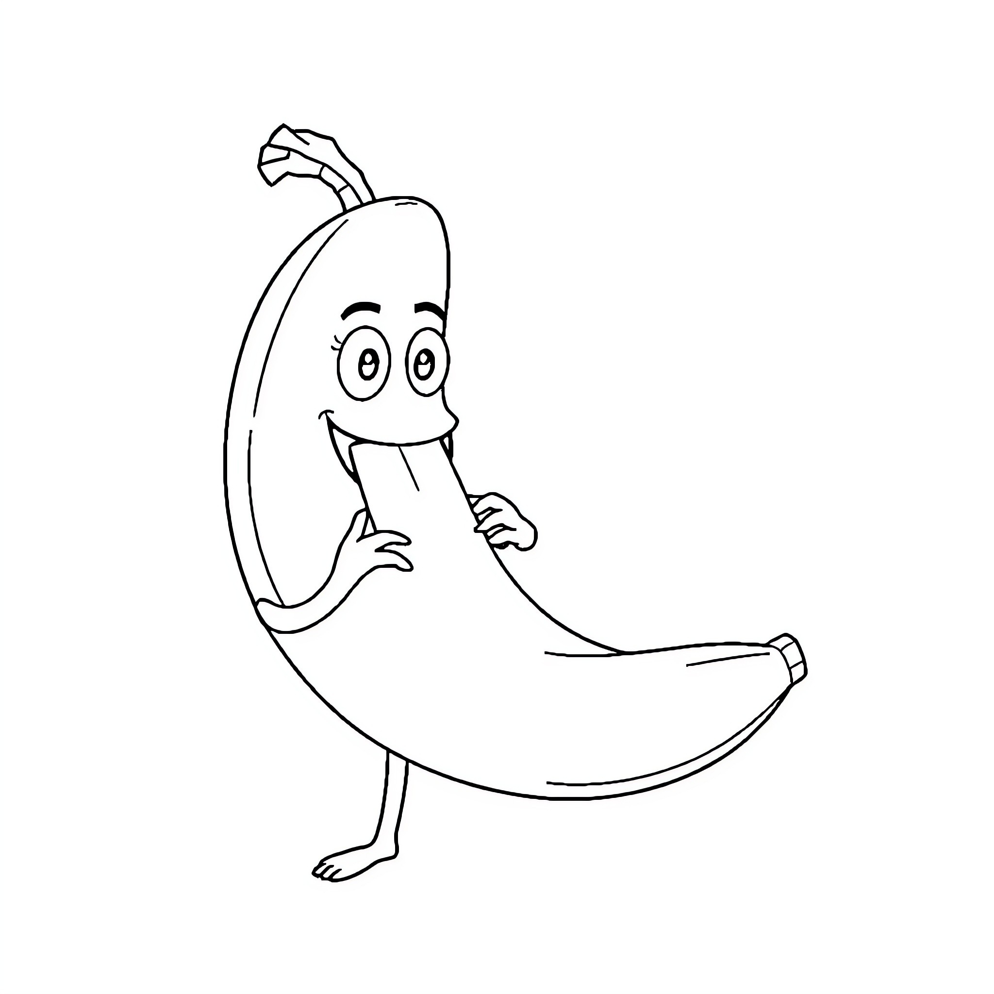 Peely the Cheerful Banana Character Coloring Page (free black-and-white line drawing printable PDF for all, from beginners to advanced learners, including children, teens, adults, and seniors)