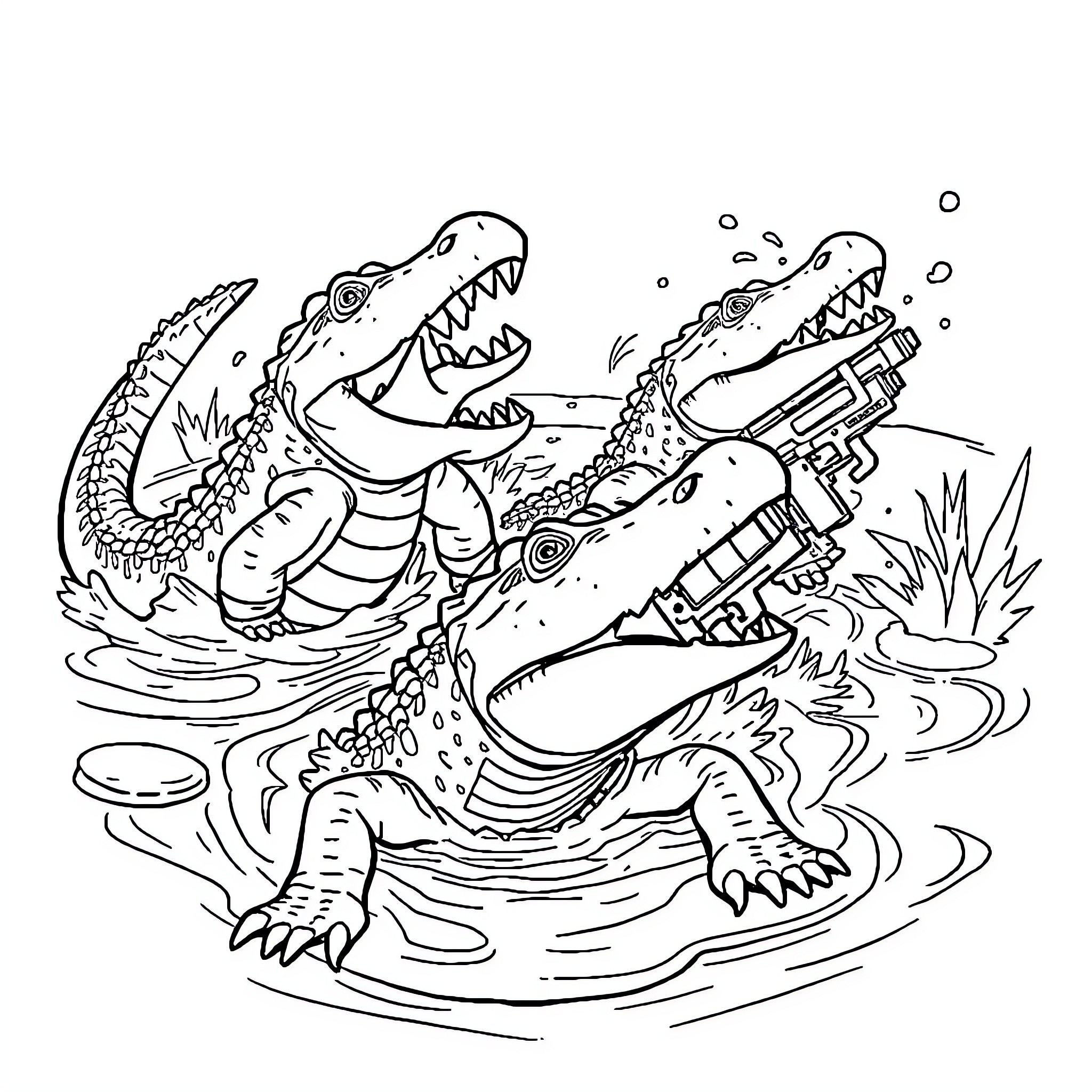 Alligators engaging in a fierce battle in the swamp Coloring Page (free black-and-white line drawing printable PDF for all, from beginners to advanced learners, including children, teens, adults, and seniors)