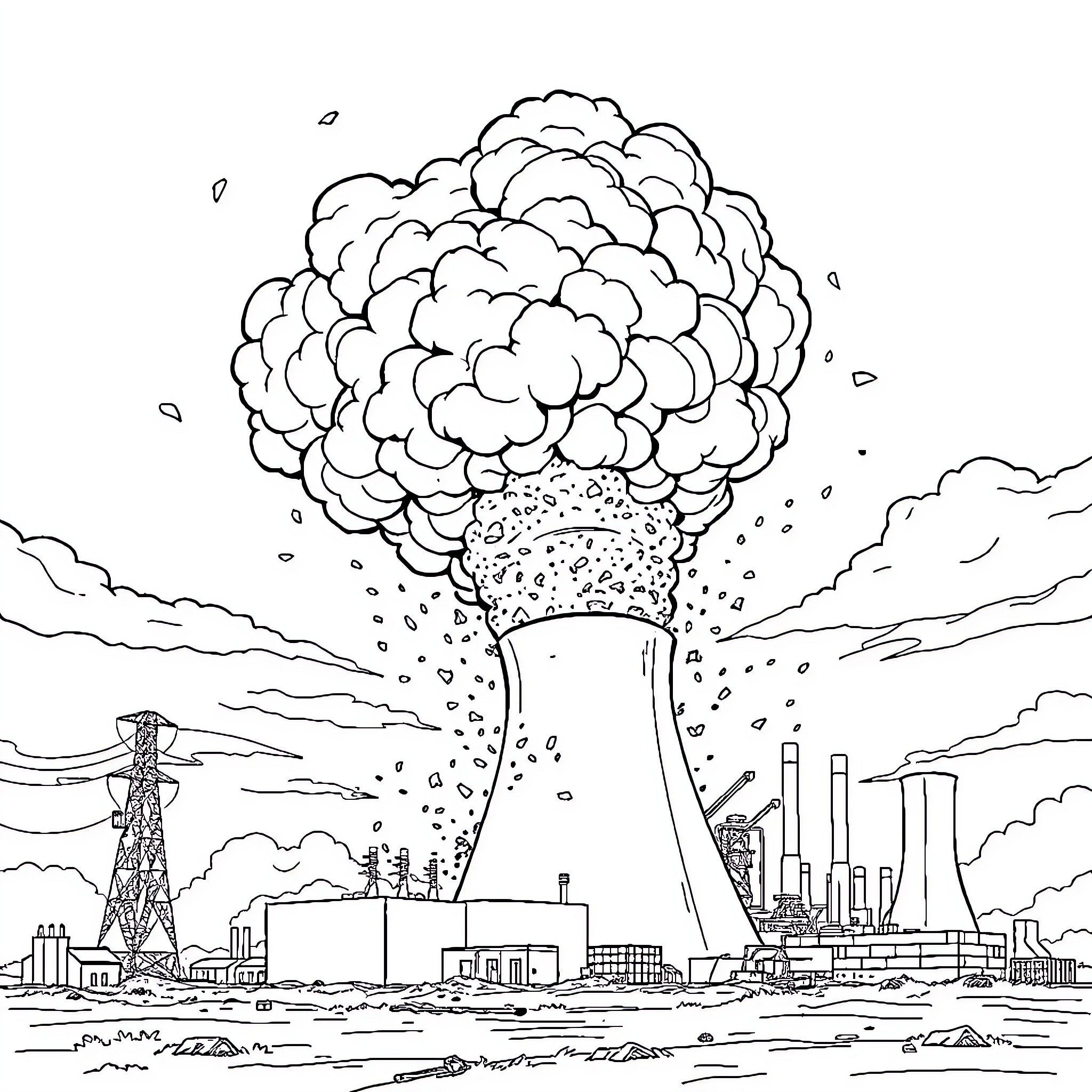 Explosion of industrial power plant in the city Coloring Page (free black-and-white line drawing printable PDF for all, from beginners to advanced learners, including children, teens, adults, and seniors)
