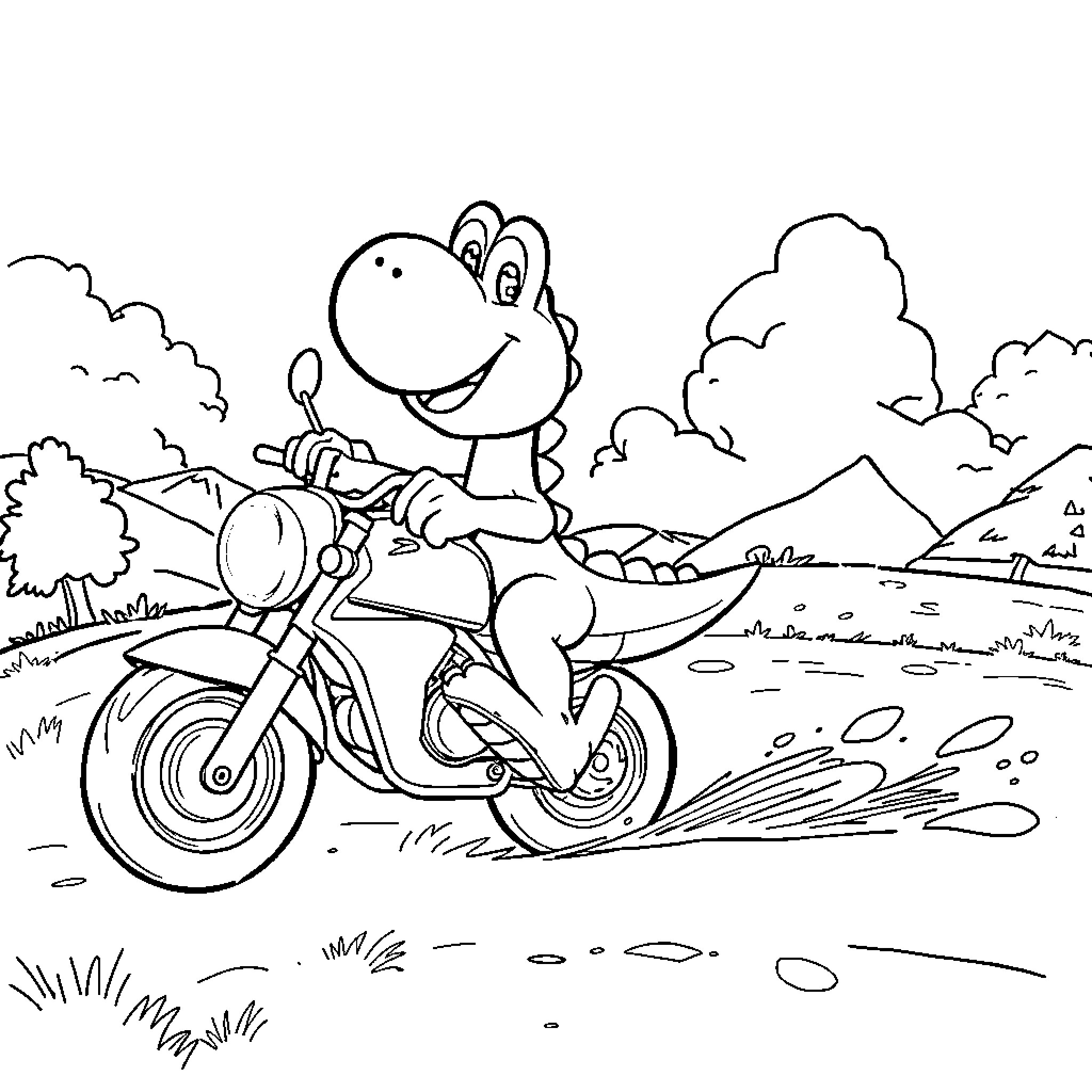 Yoshi's Adventurous Motorcycle Ride in the Countryside Coloring Page (free black-and-white line drawing printable PDF for all, from beginners to advanced learners, including children, teens, adults, and seniors)