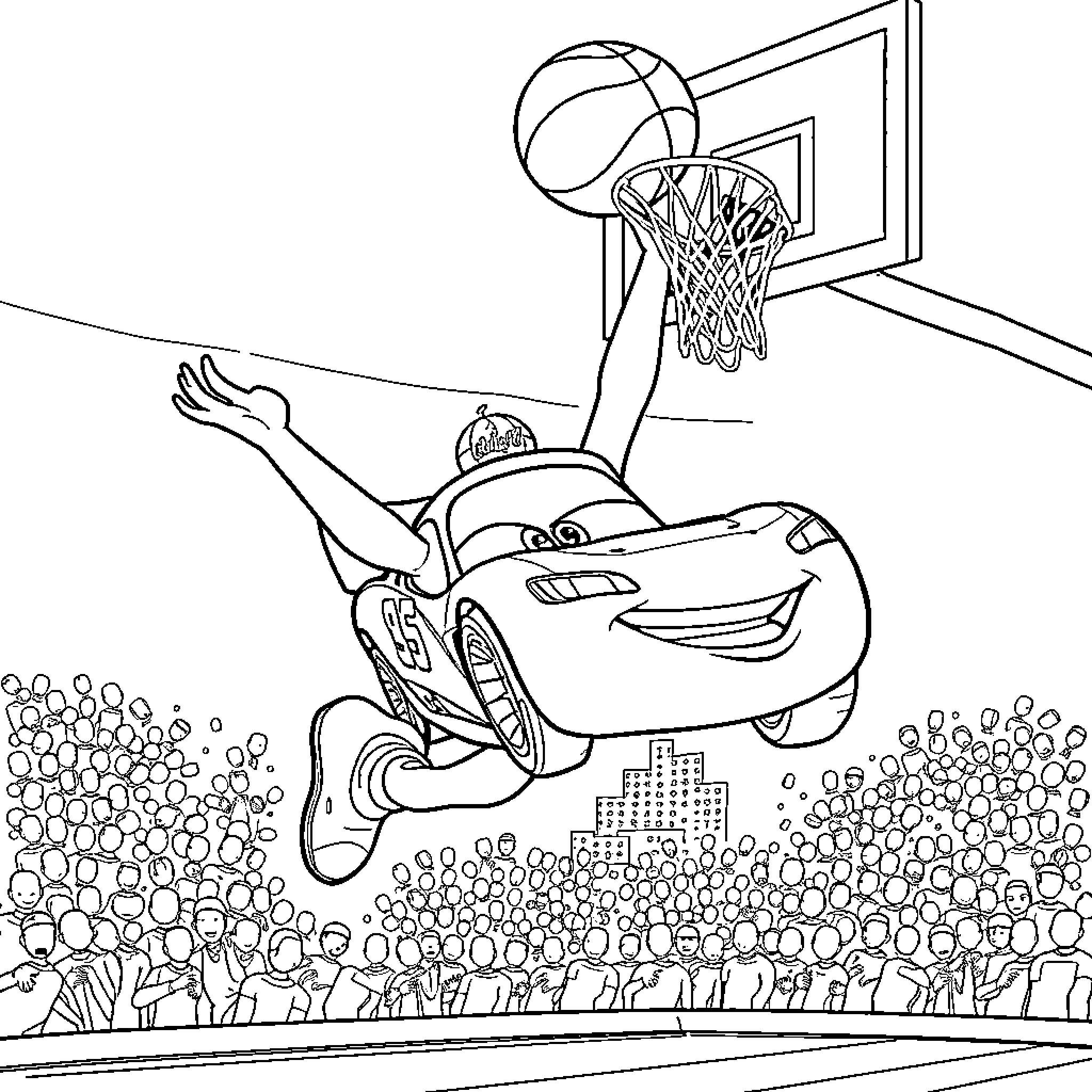 Lightning McQueen playing basketball on the court Coloring Page (free black-and-white line drawing printable PDF for all, from beginners to advanced learners, including children, teens, adults, and seniors)