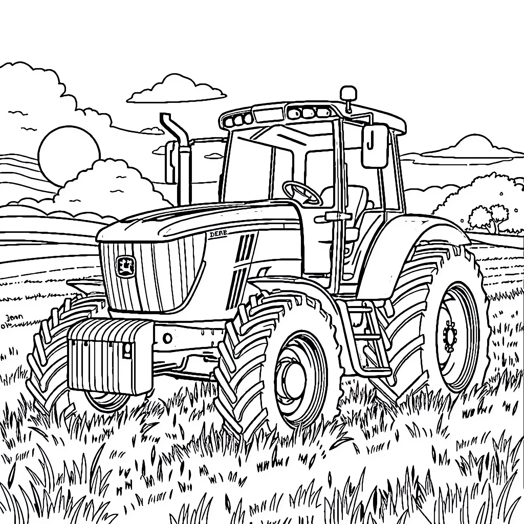John Deere Tractor Plowing a Field Coloring Page (free black-and-white line drawing printable PDF for all, from beginners to advanced learners, including children, teens, adults, and seniors)