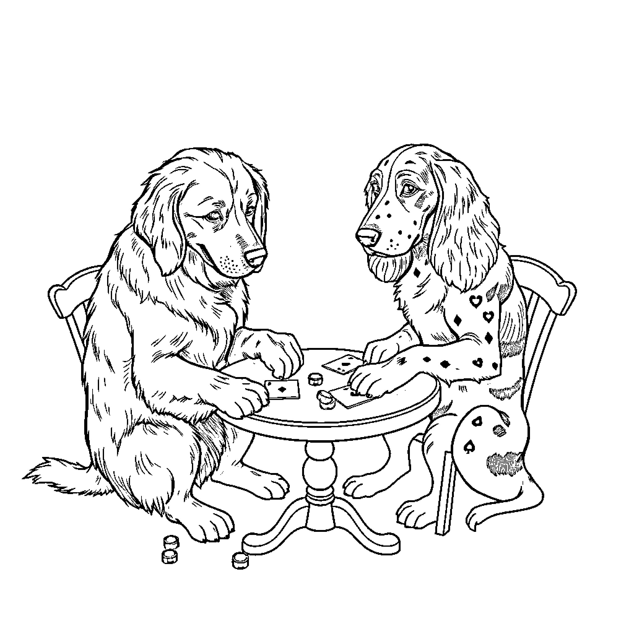 Dogs playing a board game together Coloring Page (free black-and-white line drawing printable PDF for all, from beginners to advanced learners, including children, teens, adults, and seniors)