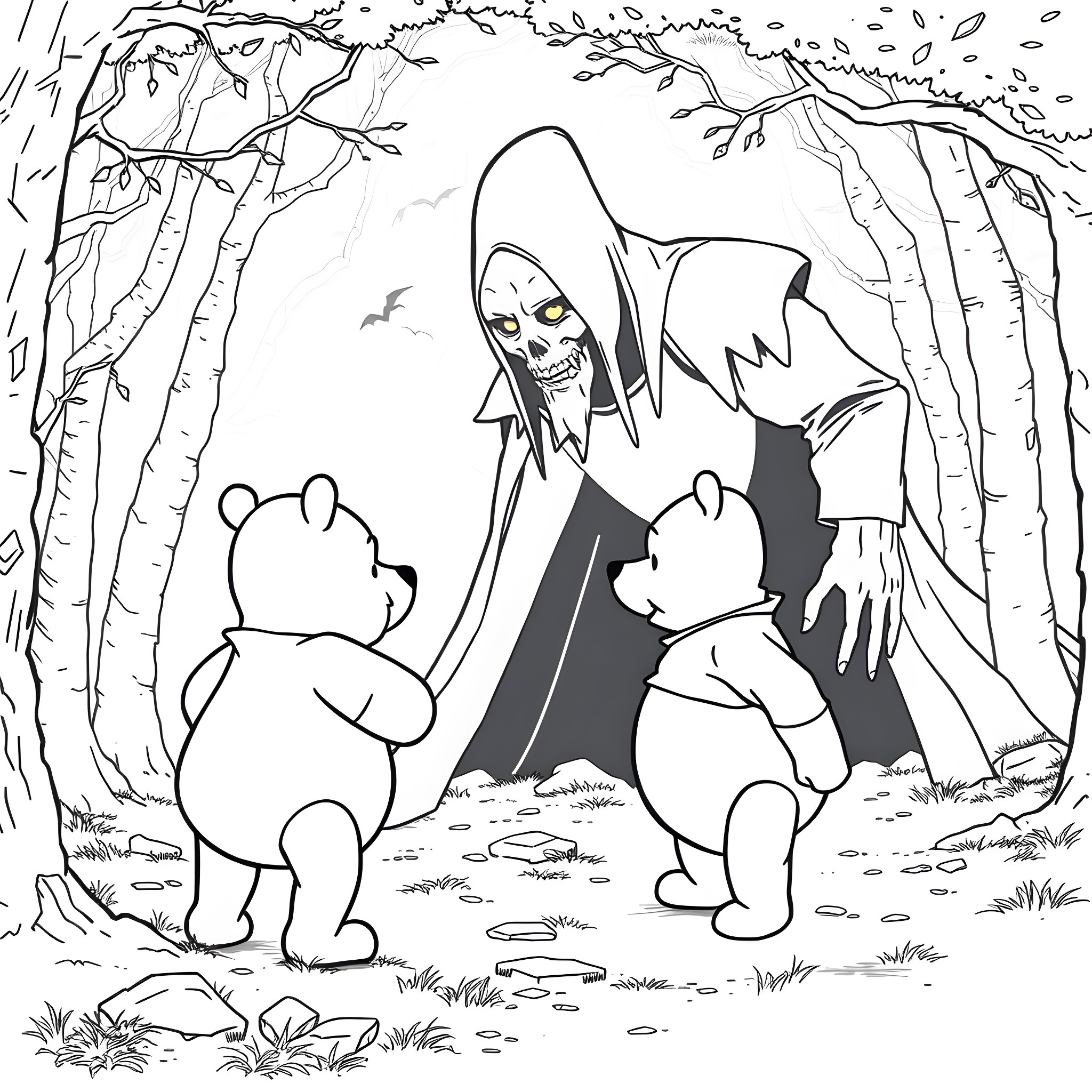 Winnie The Pooh Encounters a Grim Reaper in the Forest Coloring Page (free black-and-white line drawing printable PDF for all, from beginners to advanced learners, including children, teens, adults, and seniors)