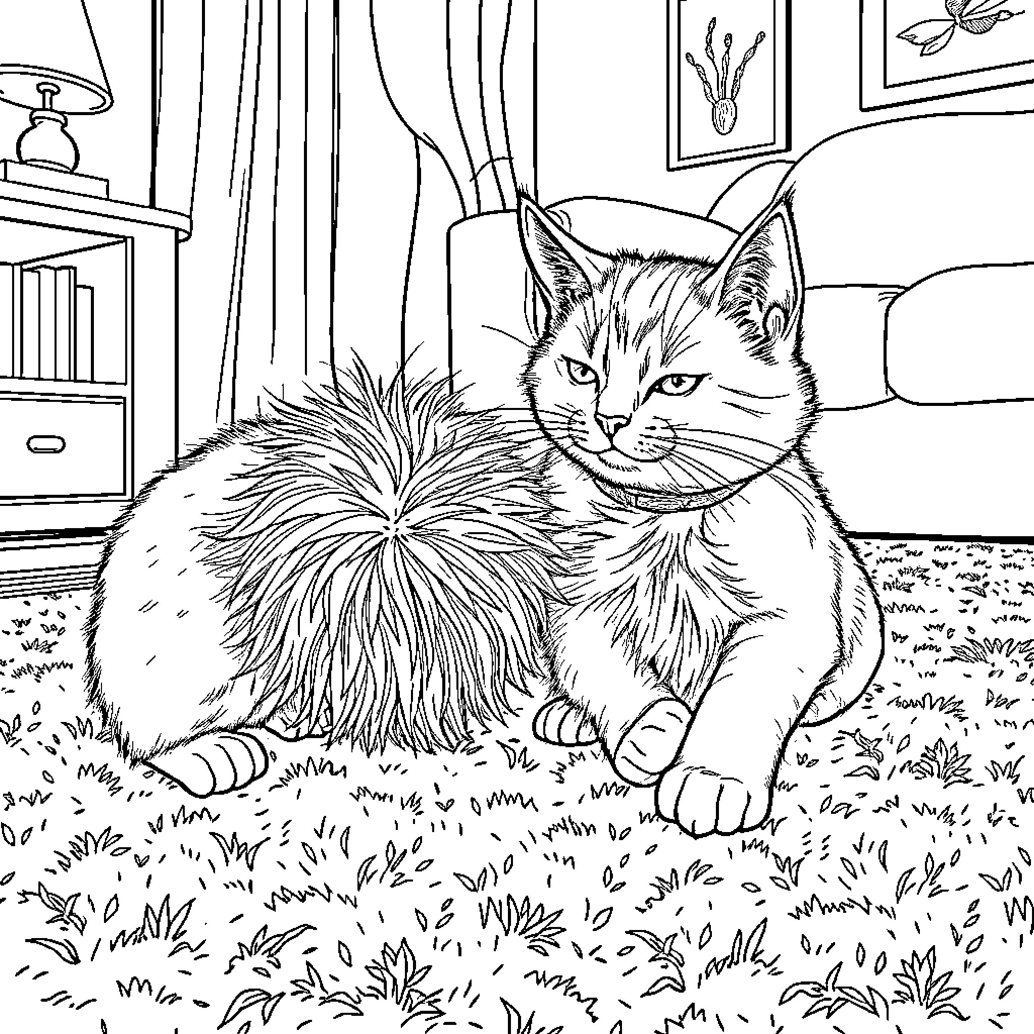 Cat resting peacefully in a cozy indoor setting Coloring Page (free black-and-white line drawing printable PDF for all, from beginners to advanced learners, including children, teens, adults, and seniors)