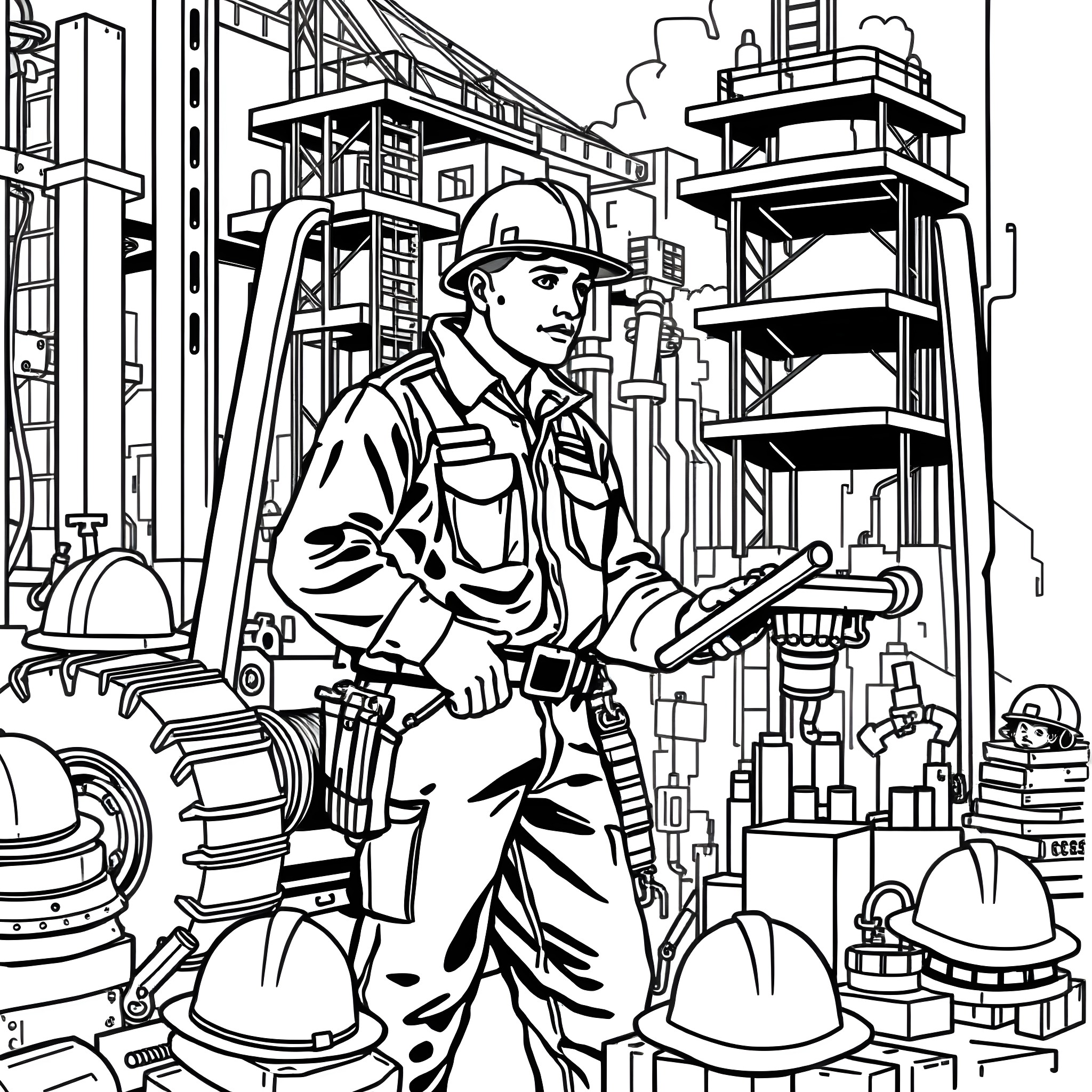 Worker operating machinery in industrial workplace Coloring Page (free black-and-white line drawing printable PDF for all, from beginners to advanced learners, including children, teens, adults, and seniors)