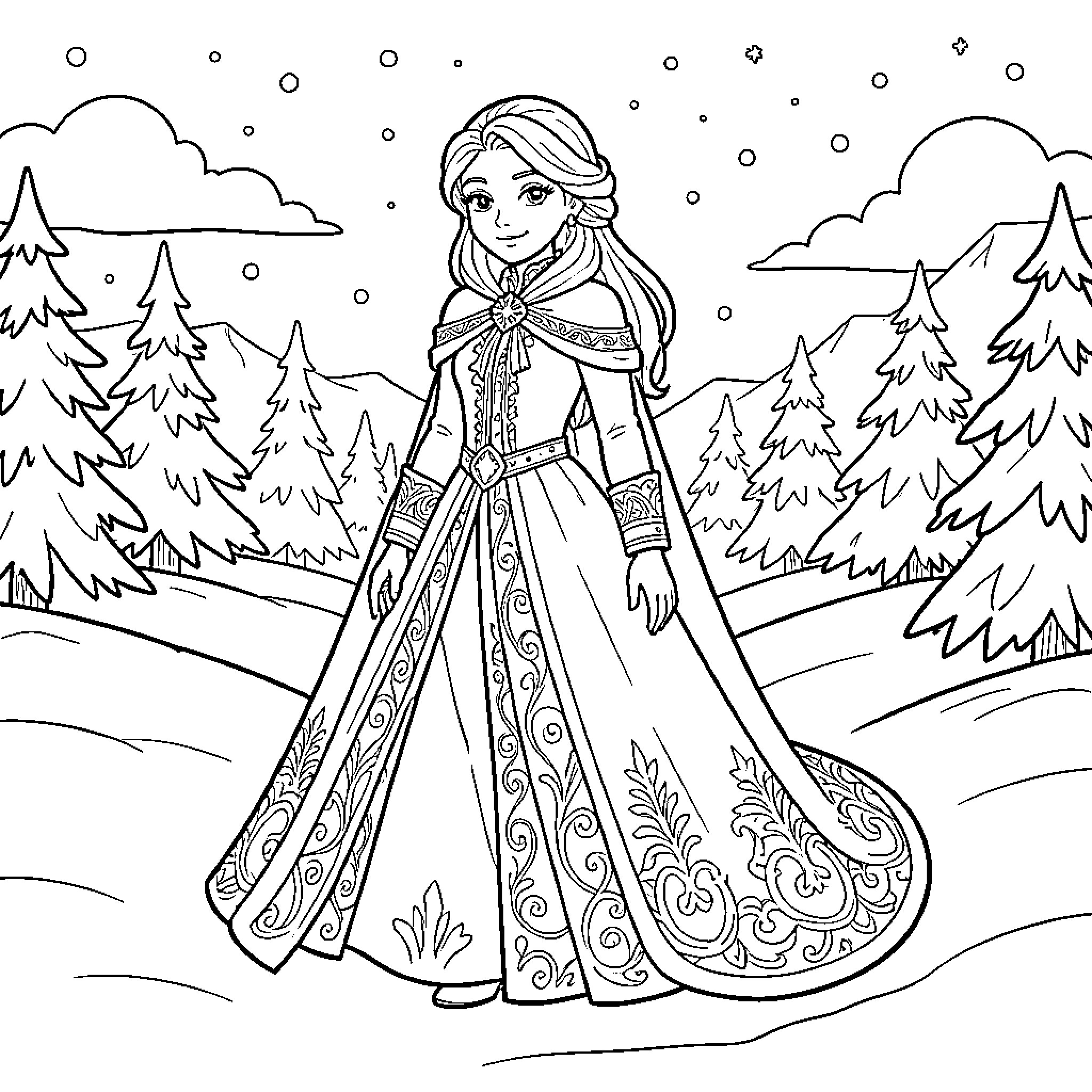 Queen standing gracefully in a snowy winter forest Coloring Page (free black-and-white line drawing printable PDF for all, from beginners to advanced learners, including children, teens, adults, and seniors)