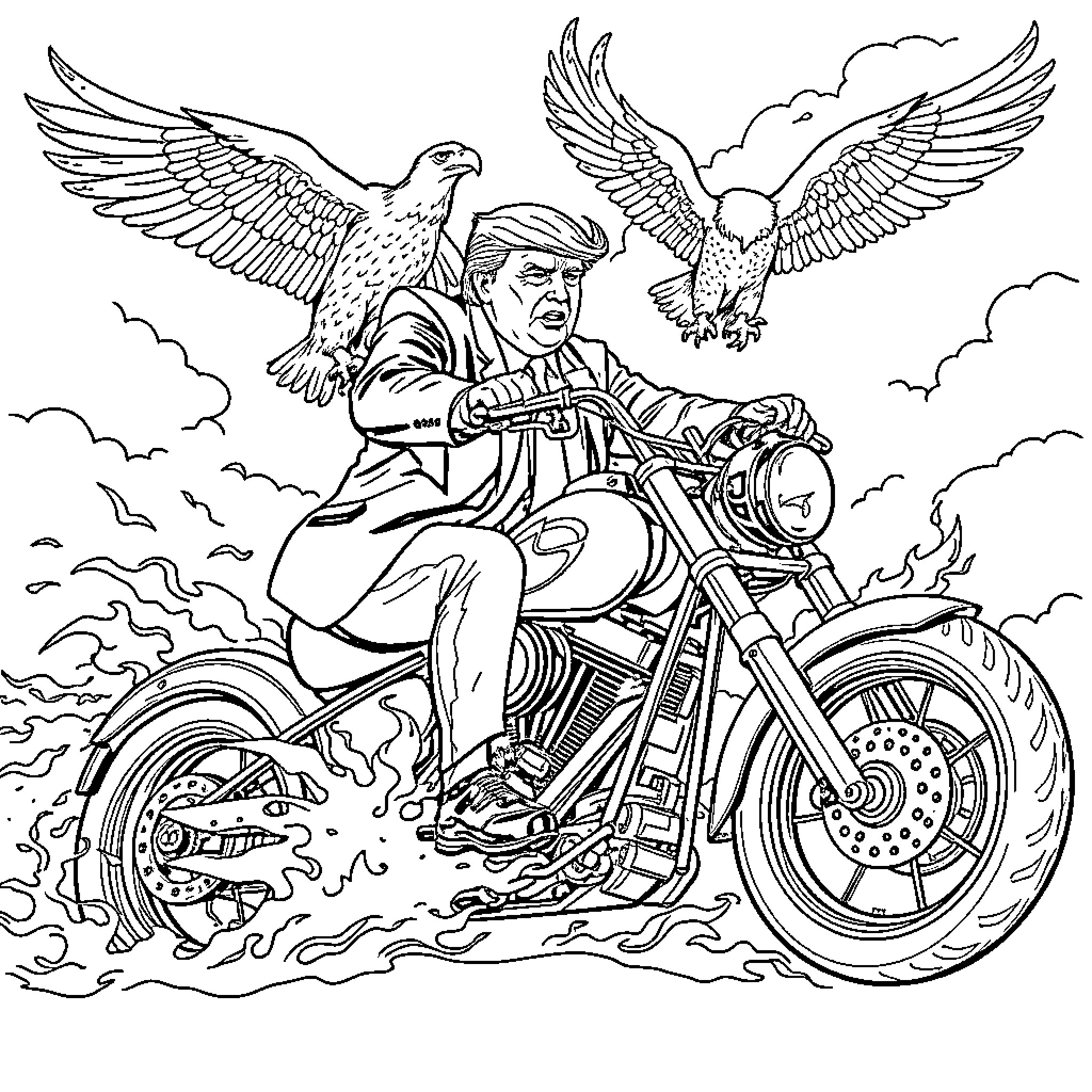 Donald Trump riding a motorcycle with an eagle Coloring Page (free black-and-white line drawing printable PDF for all, from beginners to advanced learners, including children, teens, adults, and seniors)