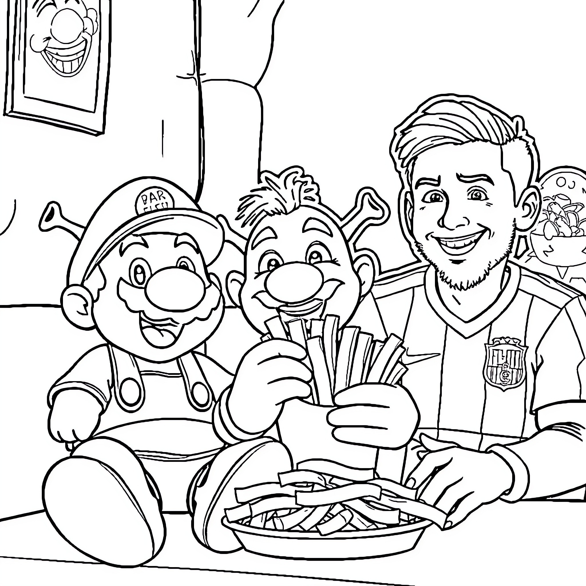 Mario and Friends Enjoying Snacks Together Coloring Page (free black-and-white line drawing printable PDF for all, from beginners to advanced learners, including children, teens, adults, and seniors)