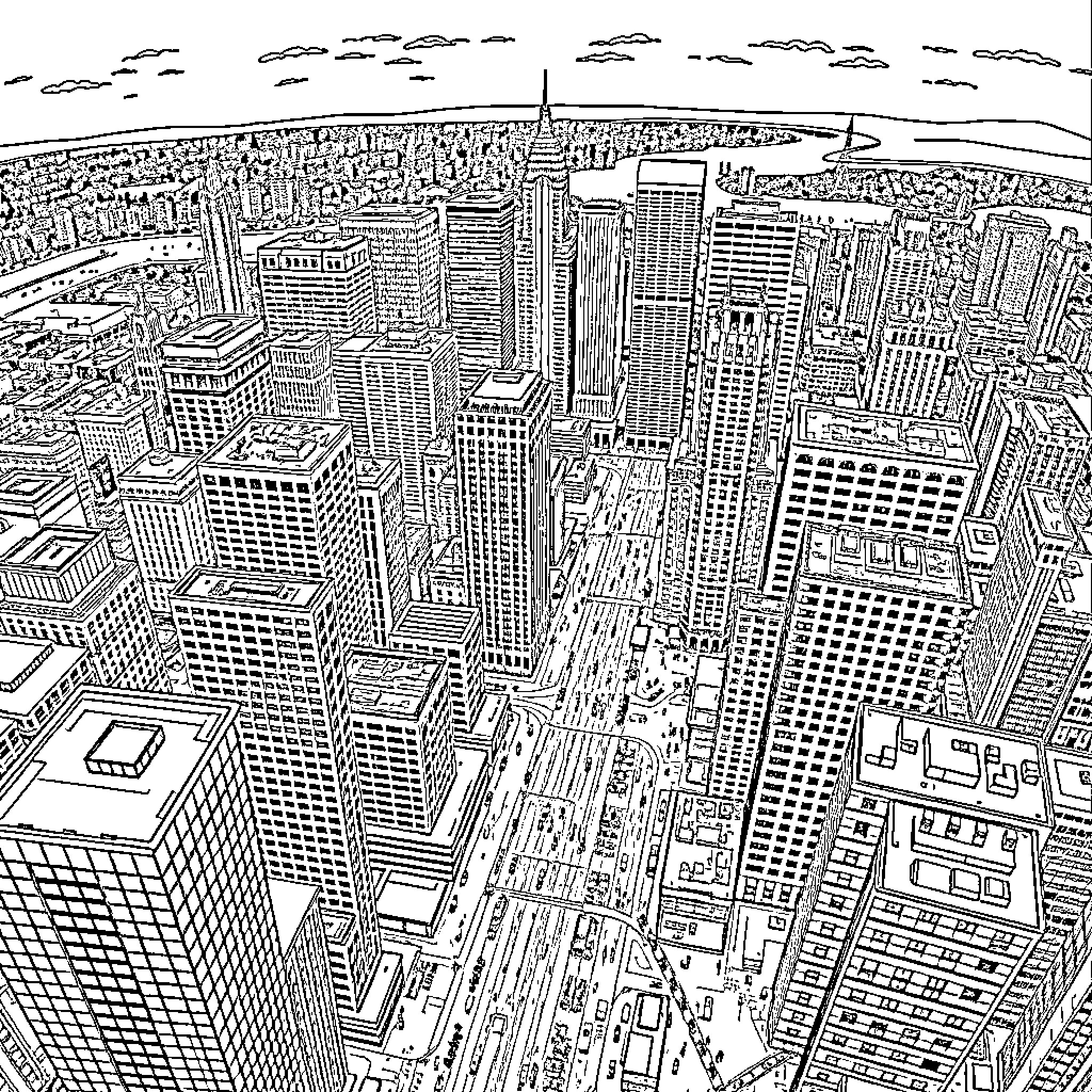 Satellite View of Towering City Skyline Coloring Page (free black-and-white line drawing printable PDF for all, from beginners to advanced learners, including children, teens, adults, and seniors)