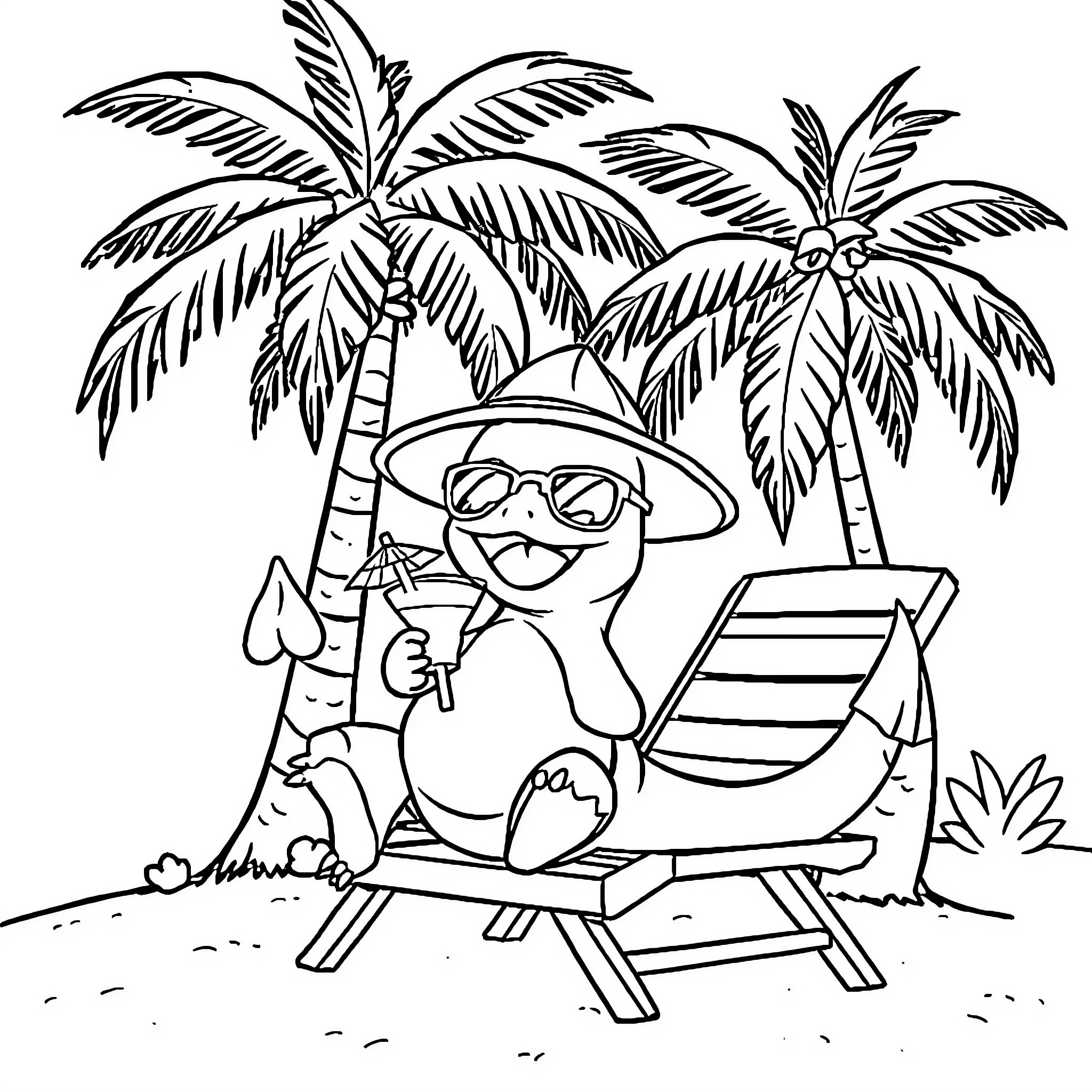 Charmander enjoys a tropical vacation Coloring Page (free black-and-white line drawing printable PDF for all, from beginners to advanced learners, including children, teens, adults, and seniors)