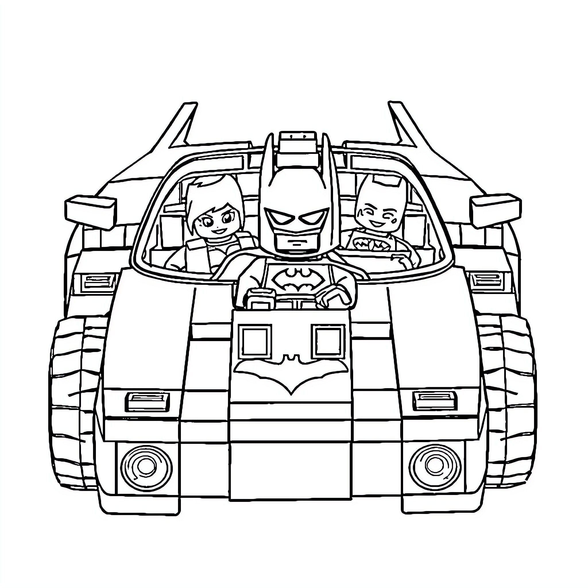 Batmobile transporting Batman and Robin Coloring Page (free black-and-white line drawing printable PDF for all, from beginners to advanced learners, including children, teens, adults, and seniors)