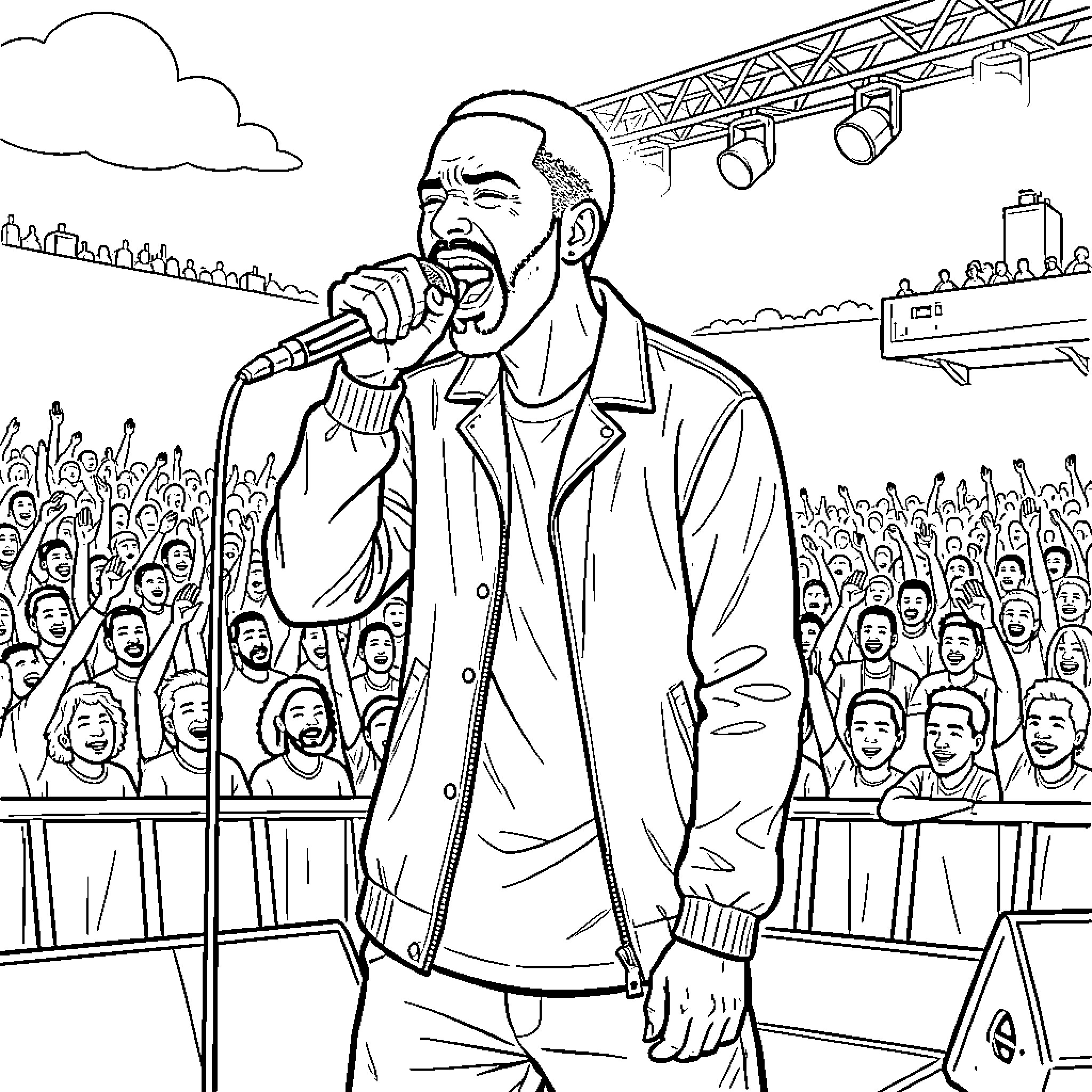 Tupac performing energetically on stage for a large crowd Coloring Page (free black-and-white line drawing printable PDF for all, from beginners to advanced learners, including children, teens, adults, and seniors)