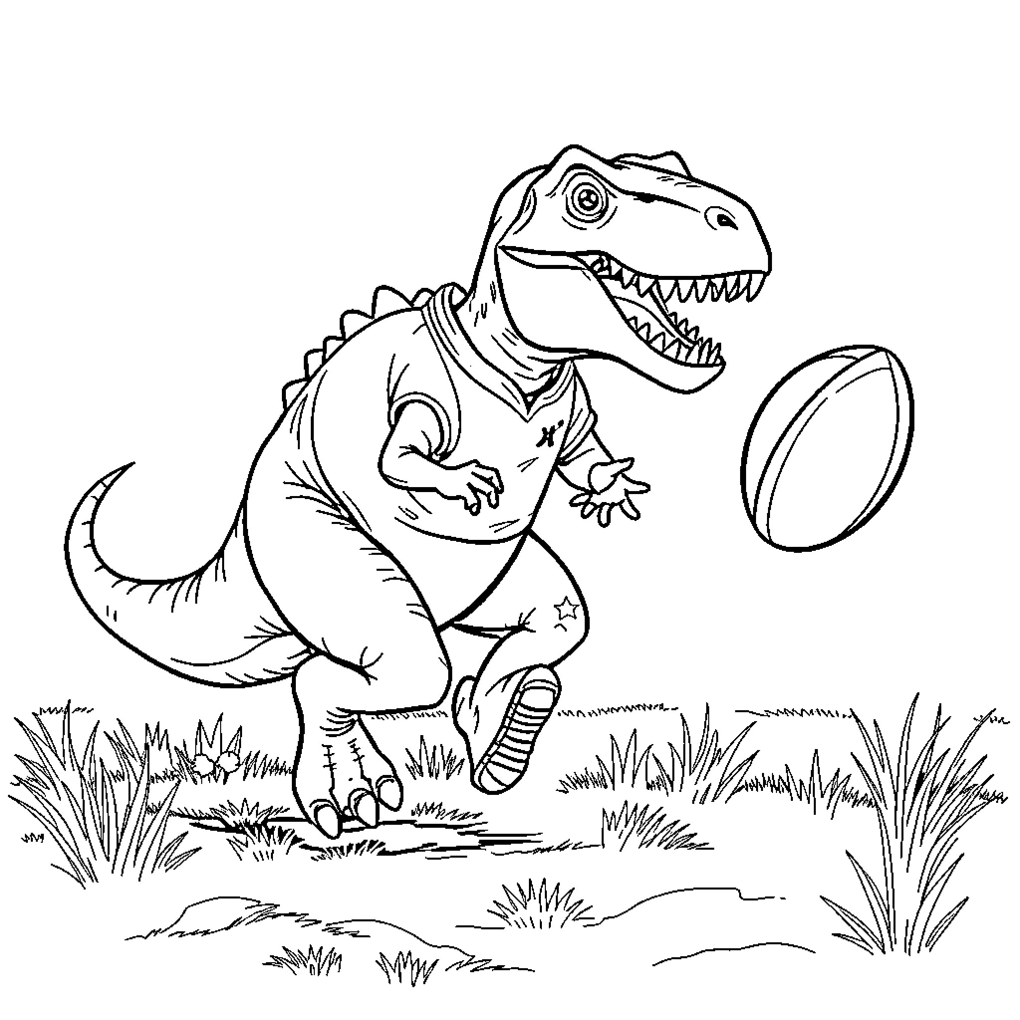 Dinosaur playing with a ball in the grass Coloring Page (free black-and-white line drawing printable PDF for all, from beginners to advanced learners, including children, teens, adults, and seniors)