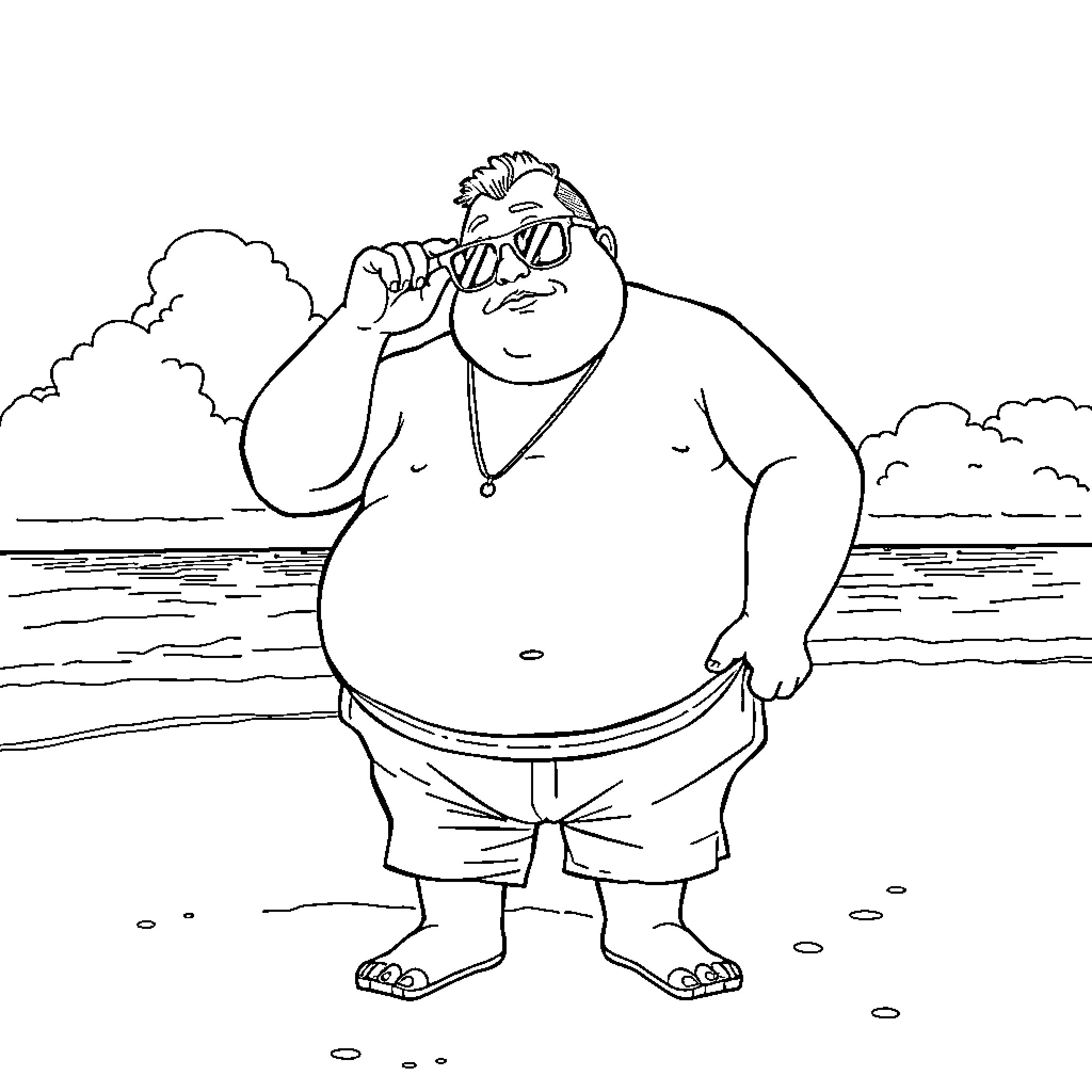 Man enjoying the beach with binoculars Coloring Page (free black-and-white line drawing printable PDF for all, from beginners to advanced learners, including children, teens, adults, and seniors)