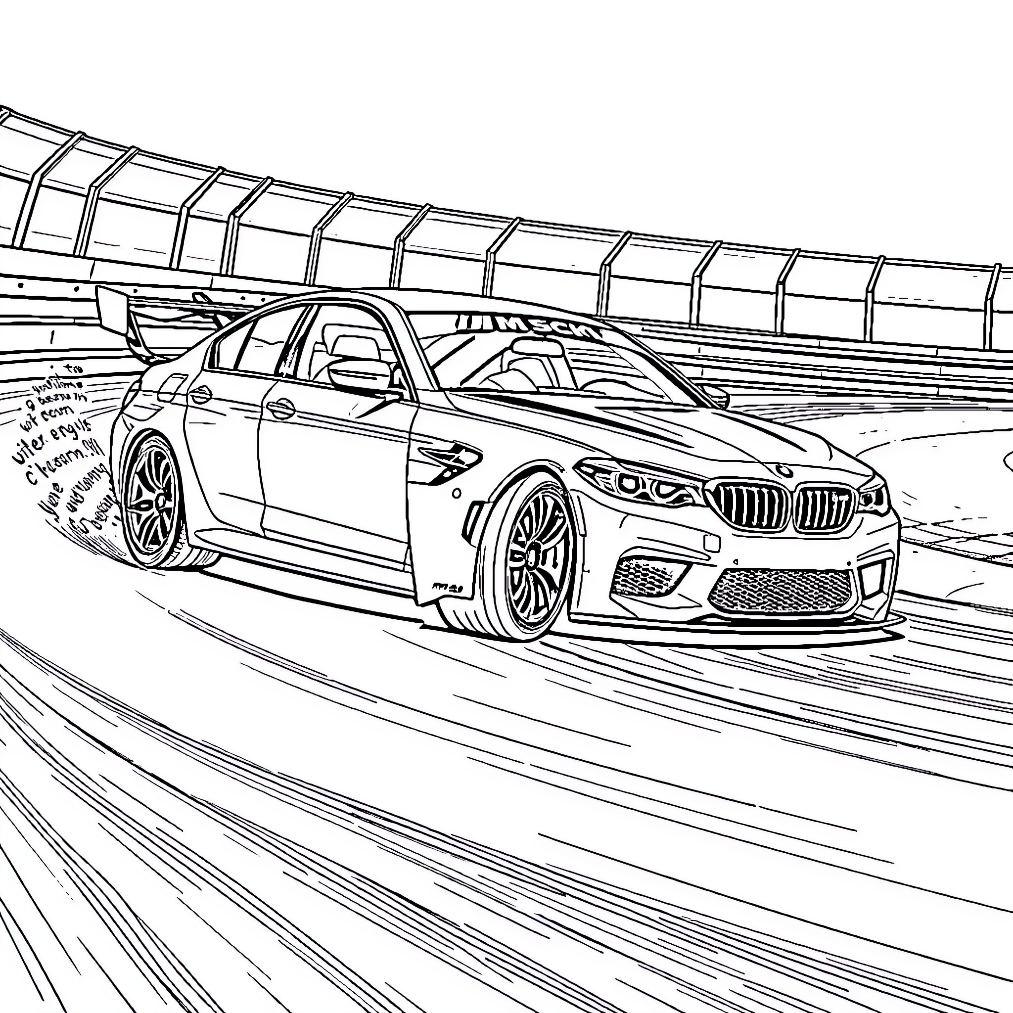 BMW M5 speeding on racing track Coloring Page (free black-and-white line drawing printable PDF for all, from beginners to advanced learners, including children, teens, adults, and seniors)