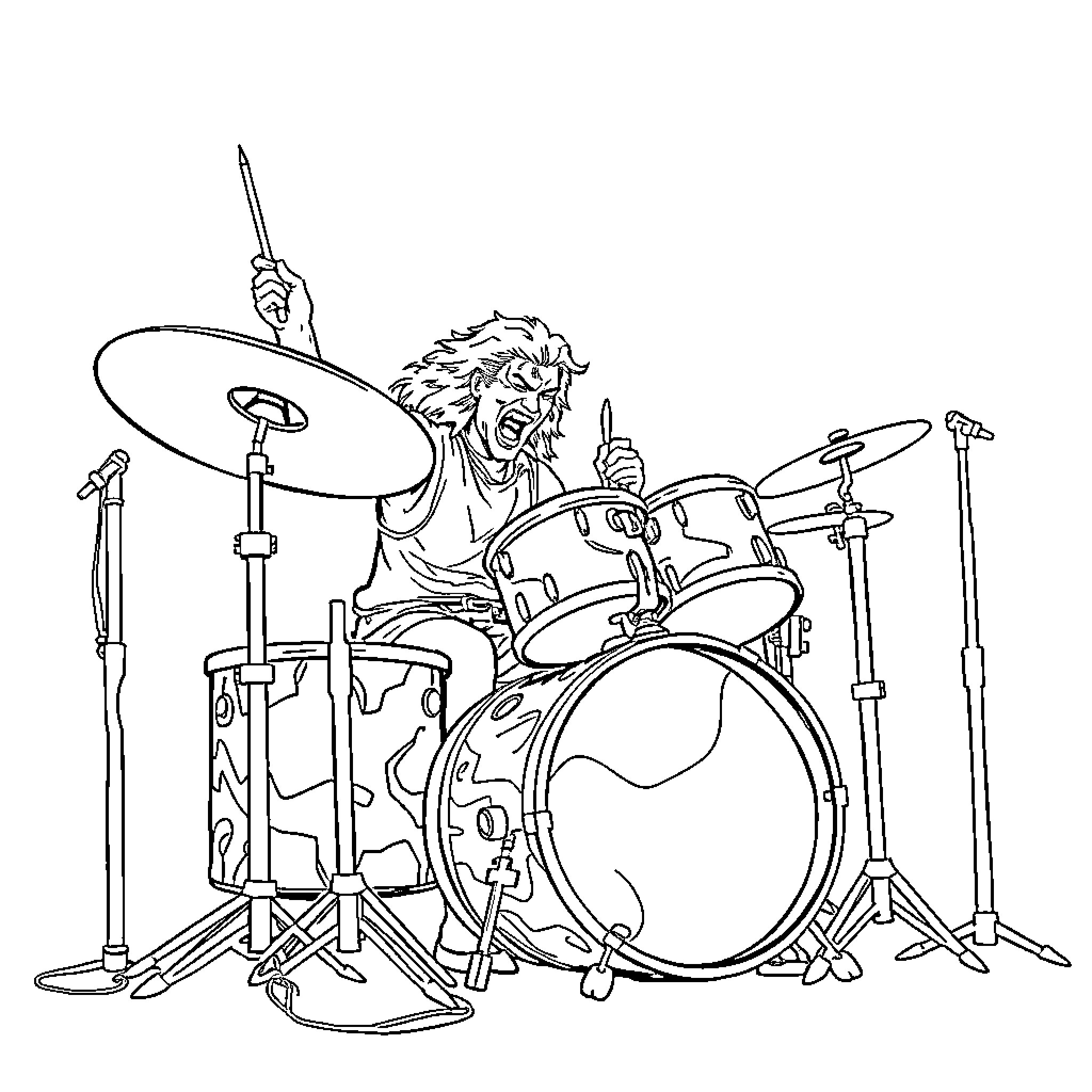 Drummer playing passionately on a drum set Coloring Page (free black-and-white line drawing printable PDF for all, from beginners to advanced learners, including children, teens, adults, and seniors)