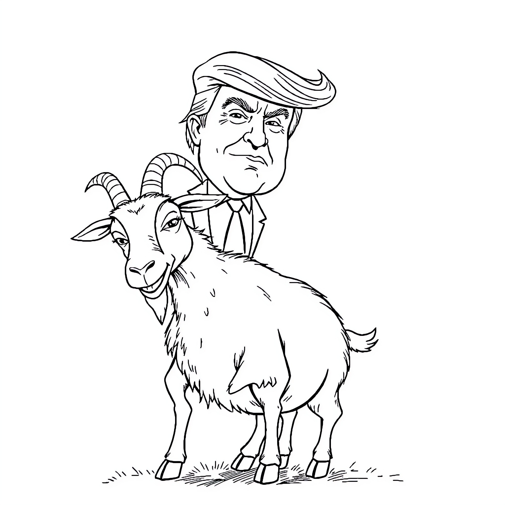 Donald Trump Depicted as a Goat Coloring Page (free black-and-white line drawing printable PDF for all, from beginners to advanced learners, including children, teens, adults, and seniors)