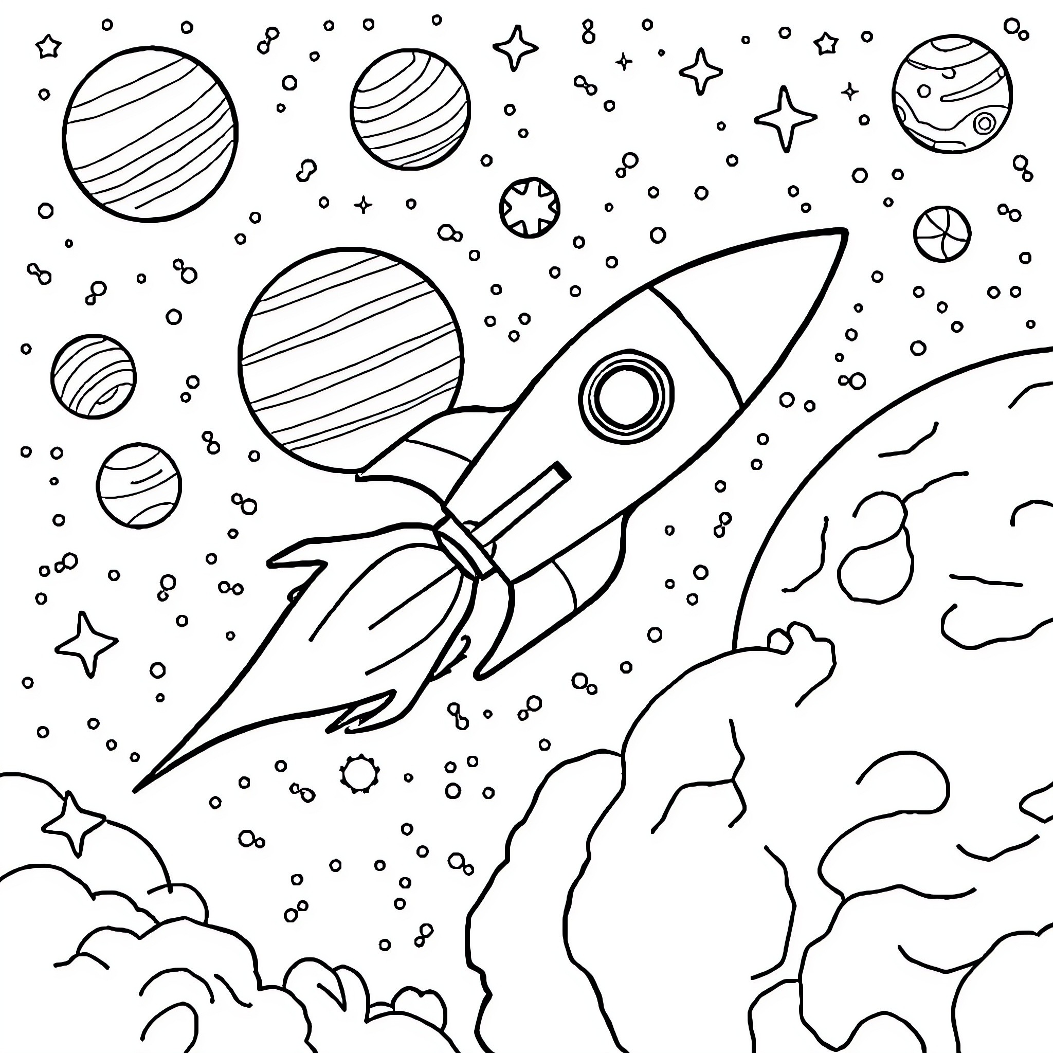 Rocket soaring through cosmic space Coloring Page (free black-and-white line drawing printable PDF for all, from beginners to advanced learners, including children, teens, adults, and seniors)