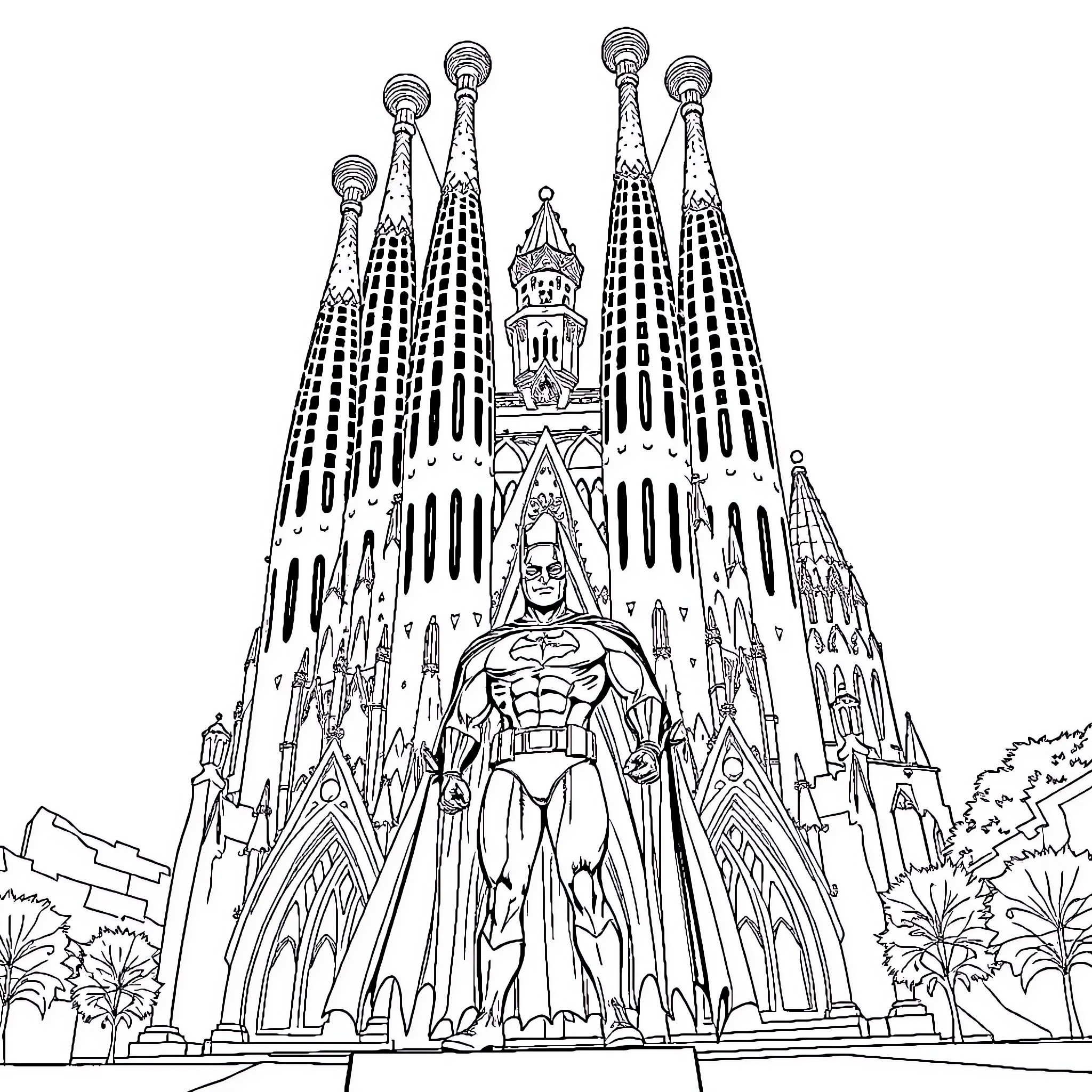 Sagrada Familia - Architectural Splendor and Heroic Figure Coloring Page (free black-and-white line drawing printable PDF for all, from beginners to advanced learners, including children, teens, adults, and seniors)