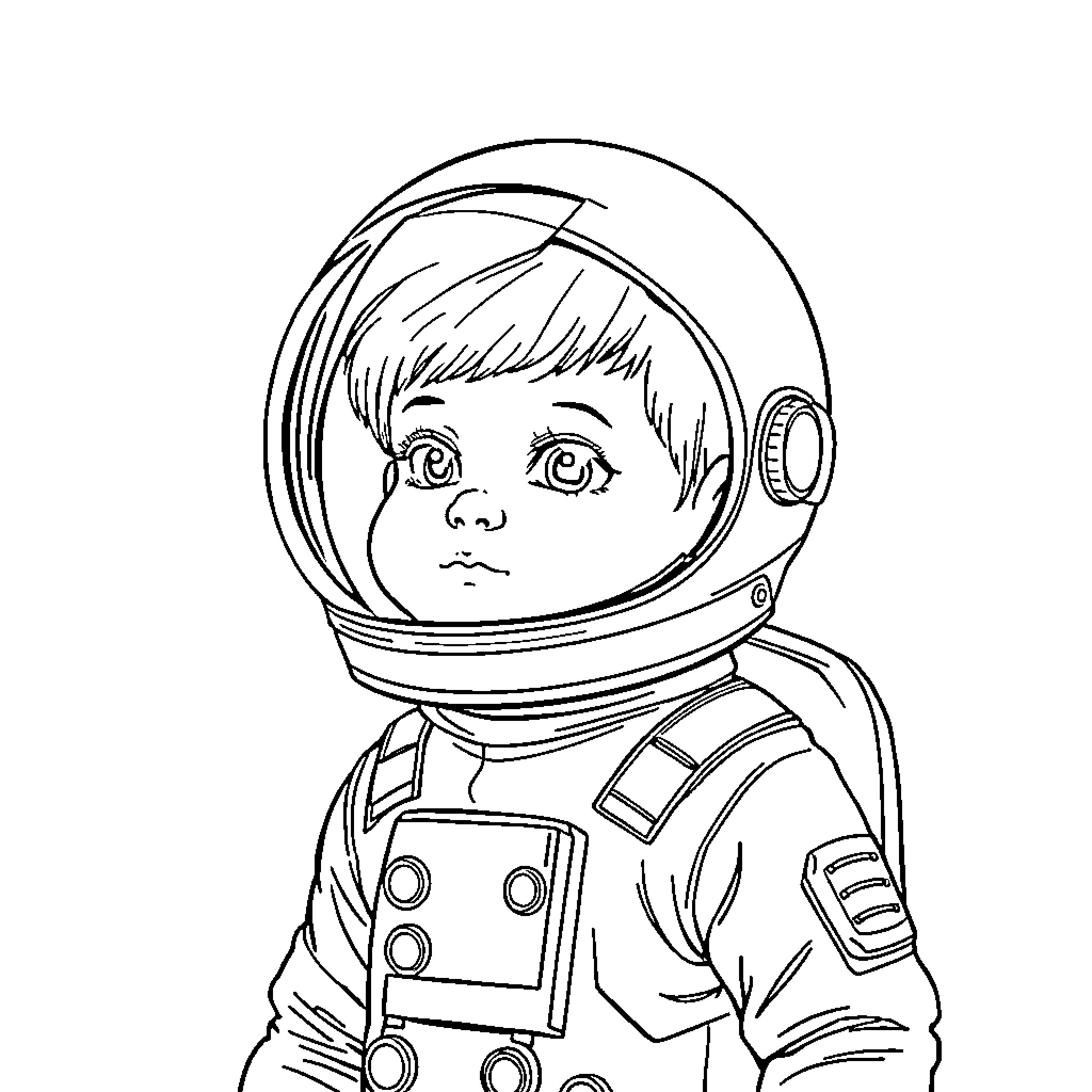 Astronaut child exploring in space Coloring Page (free black-and-white line drawing printable PDF for all, from beginners to advanced learners, including children, teens, adults, and seniors)